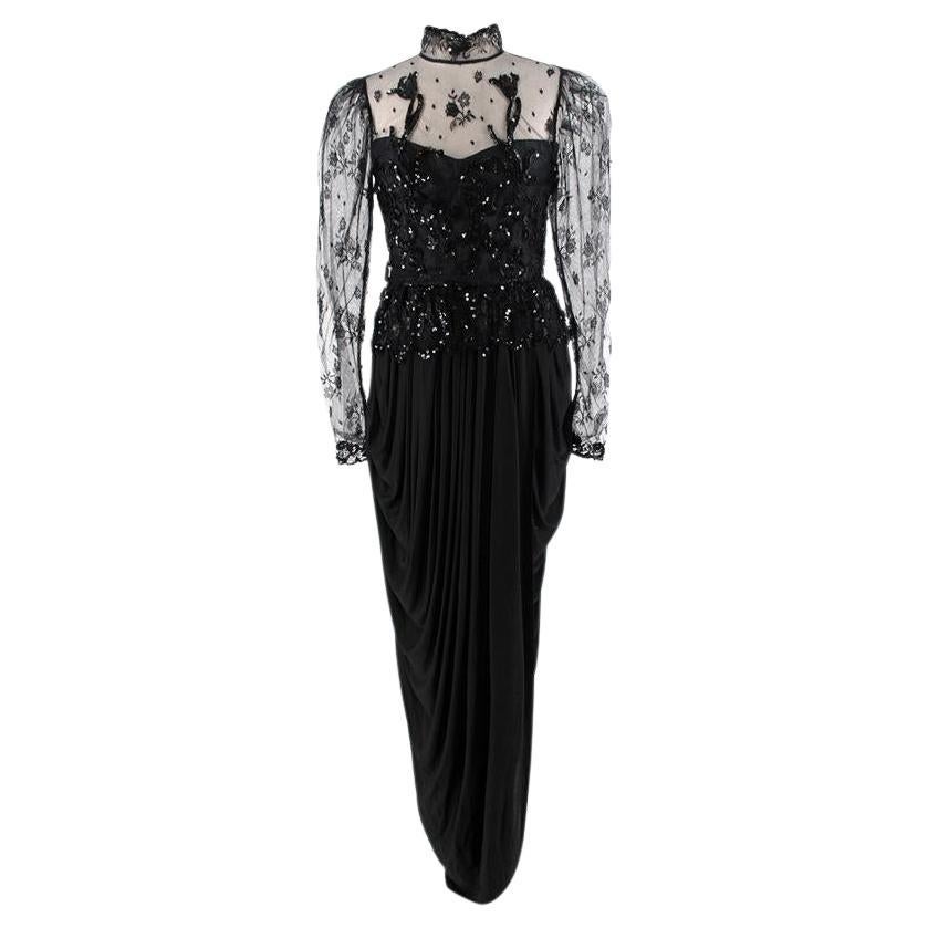 Vicky Tiel Vintage Black Lace & Draped Jersey Evening Gown - US 8  For Sale