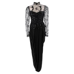 Vicky Tiel Vintage Black Lace & Draped Jersey Evening Gown - US 8 