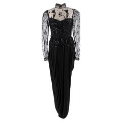 Vicky Tiel Vintage Black Lace & Draped Jersey Evening Gown - US 8