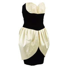 Vicky Tiel Vintage Black Velvet & Ivory Silk Satin Evening Dress, 1980s