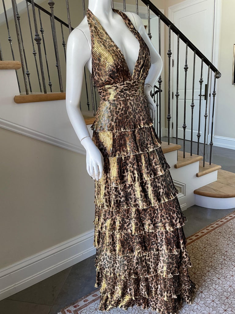 Vicky Tiel Vintage Gold Leopard Print Tiered Pleated Evening Dress For ...
