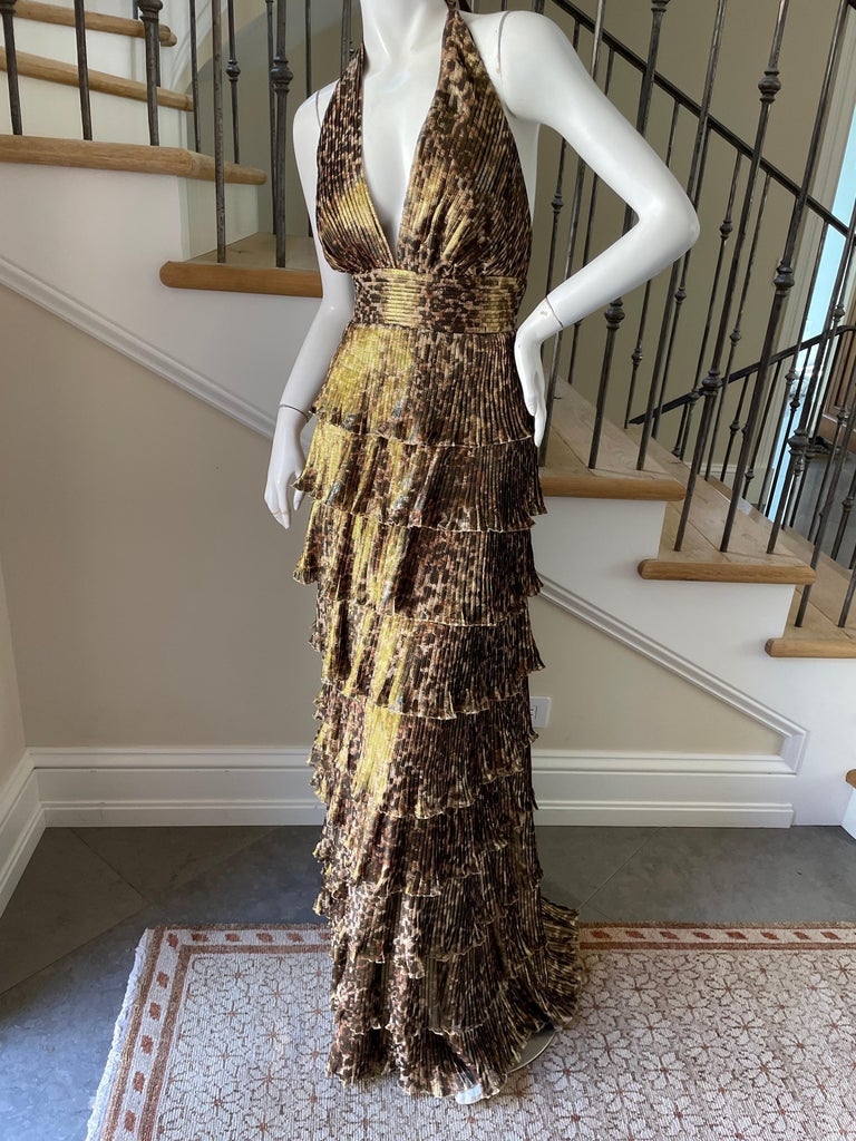 Vicky Tiel Vintage Gold Leopard Print Tiered Pleated Evening Dress For