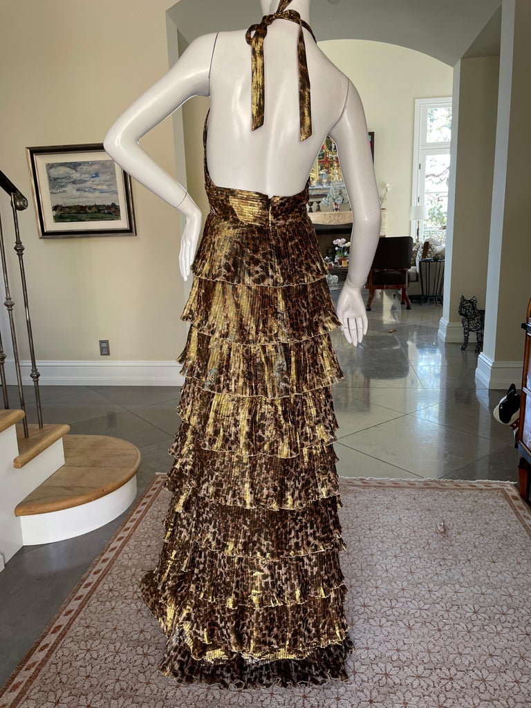 Vicky Tiel Vintage Gold Leopard Print Tiered Pleated Evening Dress For