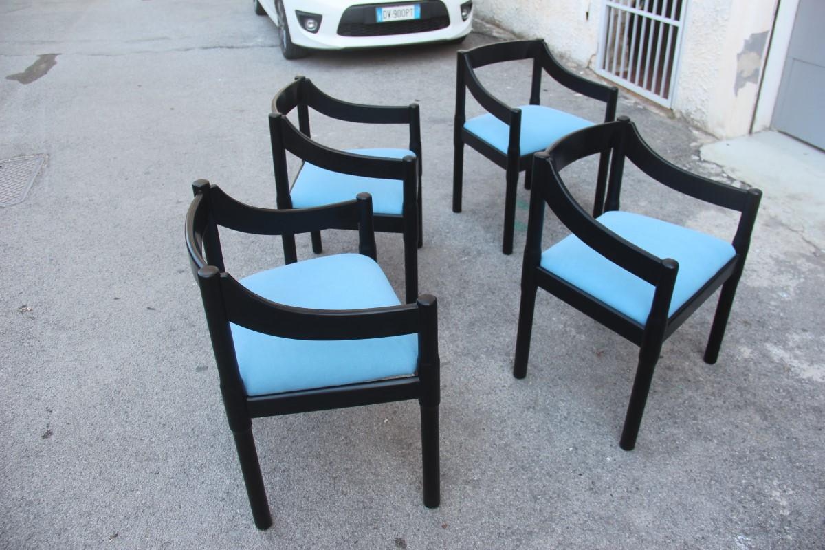 Set Chairs 4 Pieces  Vico Magistratti Carimate Cassina Ebony Blu Fabric Italian design, 1960s.