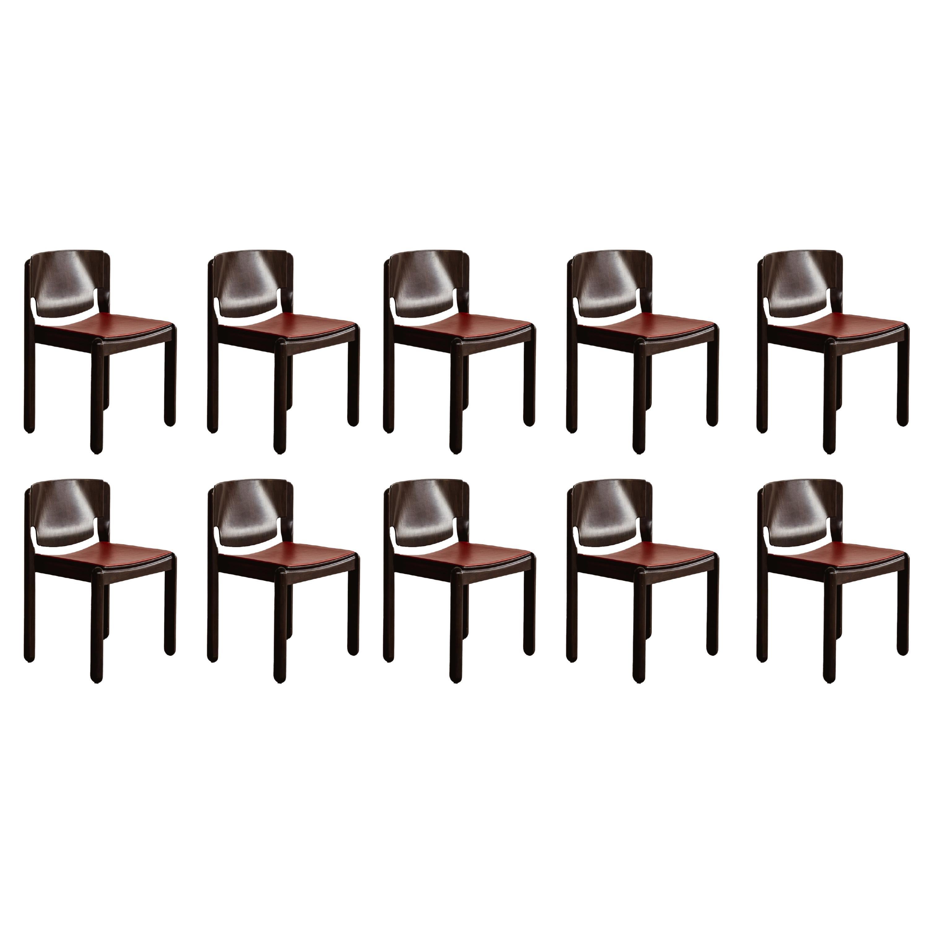 Vico Magistretti "122" per Cassina, pelle rossa, 1967, set di 10 sedie
