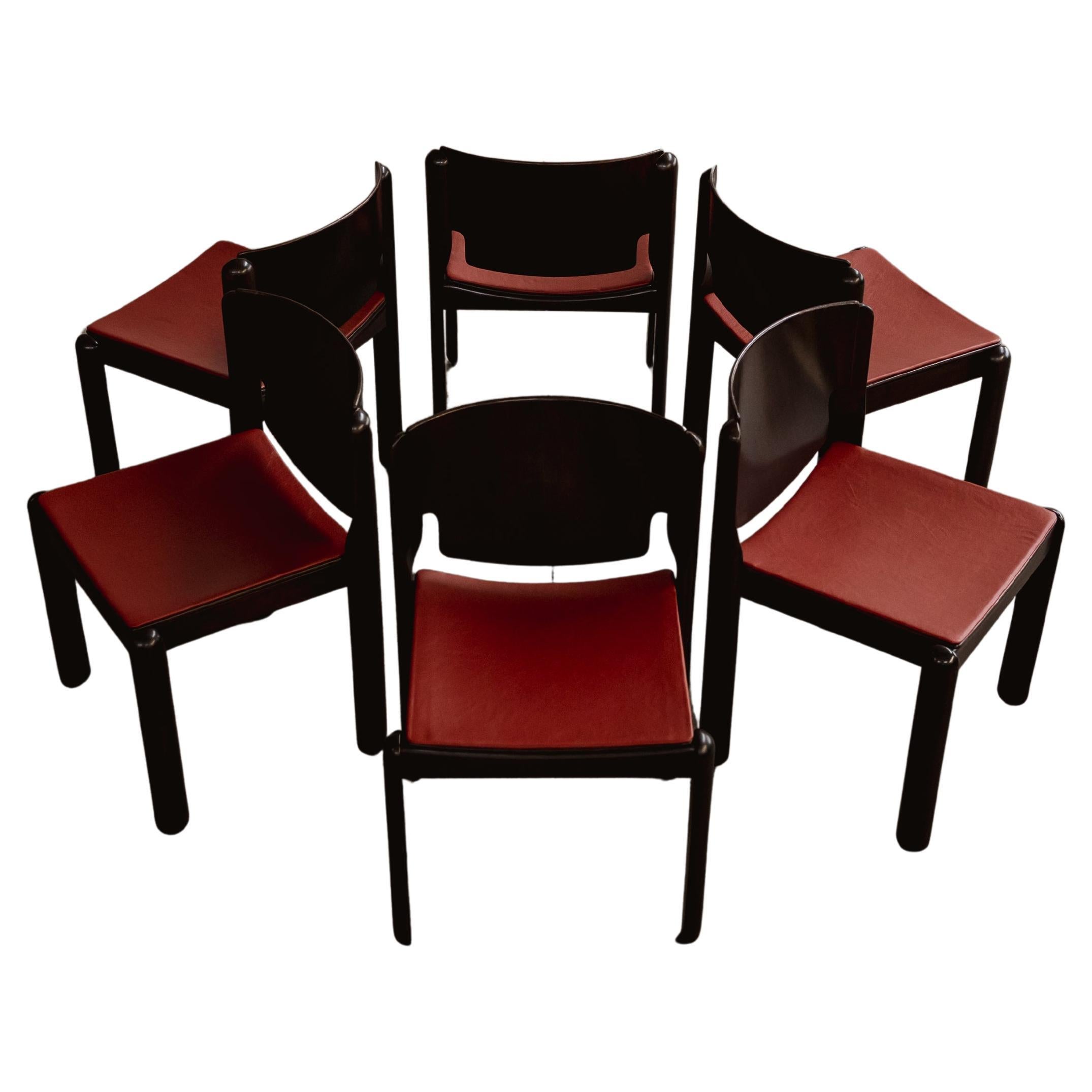 Vico Magistretti "122" per Cassina, pelle rossa, 1967, set di 6 sedie in vendita