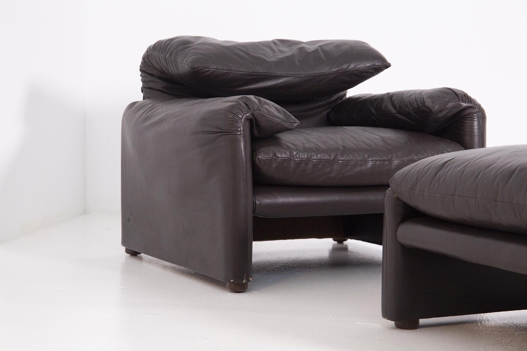 Italian Vico Magistretti Armchair and Ottoman in Leather for Cassina, First Edition