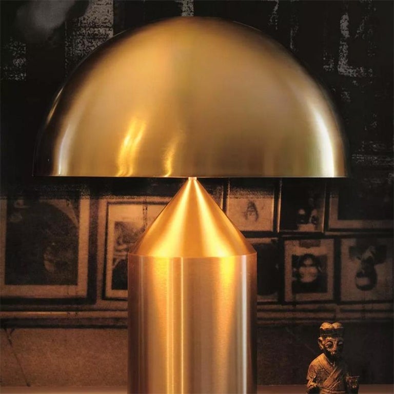 Italian Vico Magistretti 'Atollo' Small Metal Satin Gold Table Lamp by Oluce For Sale