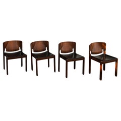 Vico Magistretti Sedia da pranzo 122 in pelle nera per Cassina, 1968, Set di 4