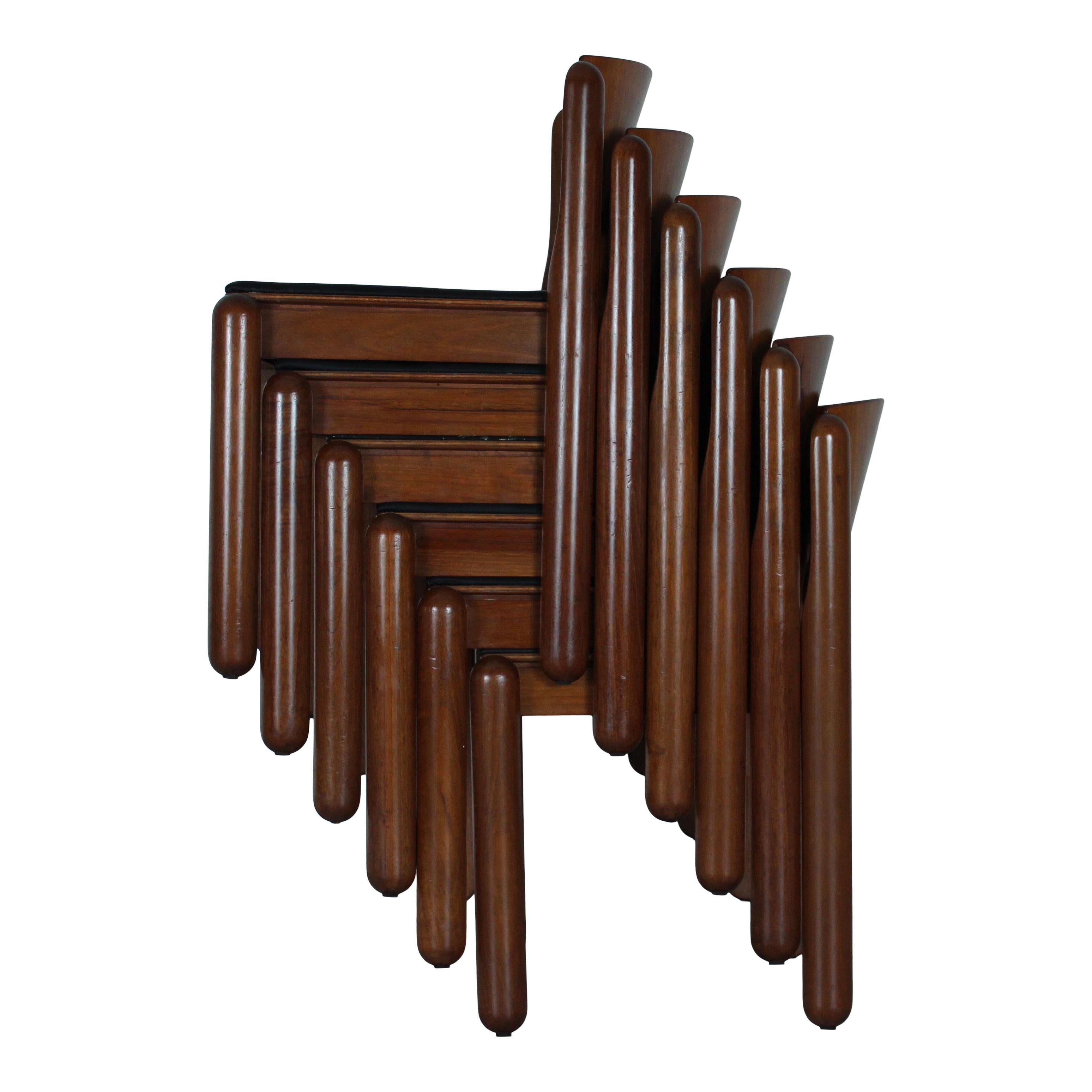 Vico Magistretti Chaise de salle à manger en cuir noir 122 pour Cassina, 1968, ensemble de 6 pièces en vente 5