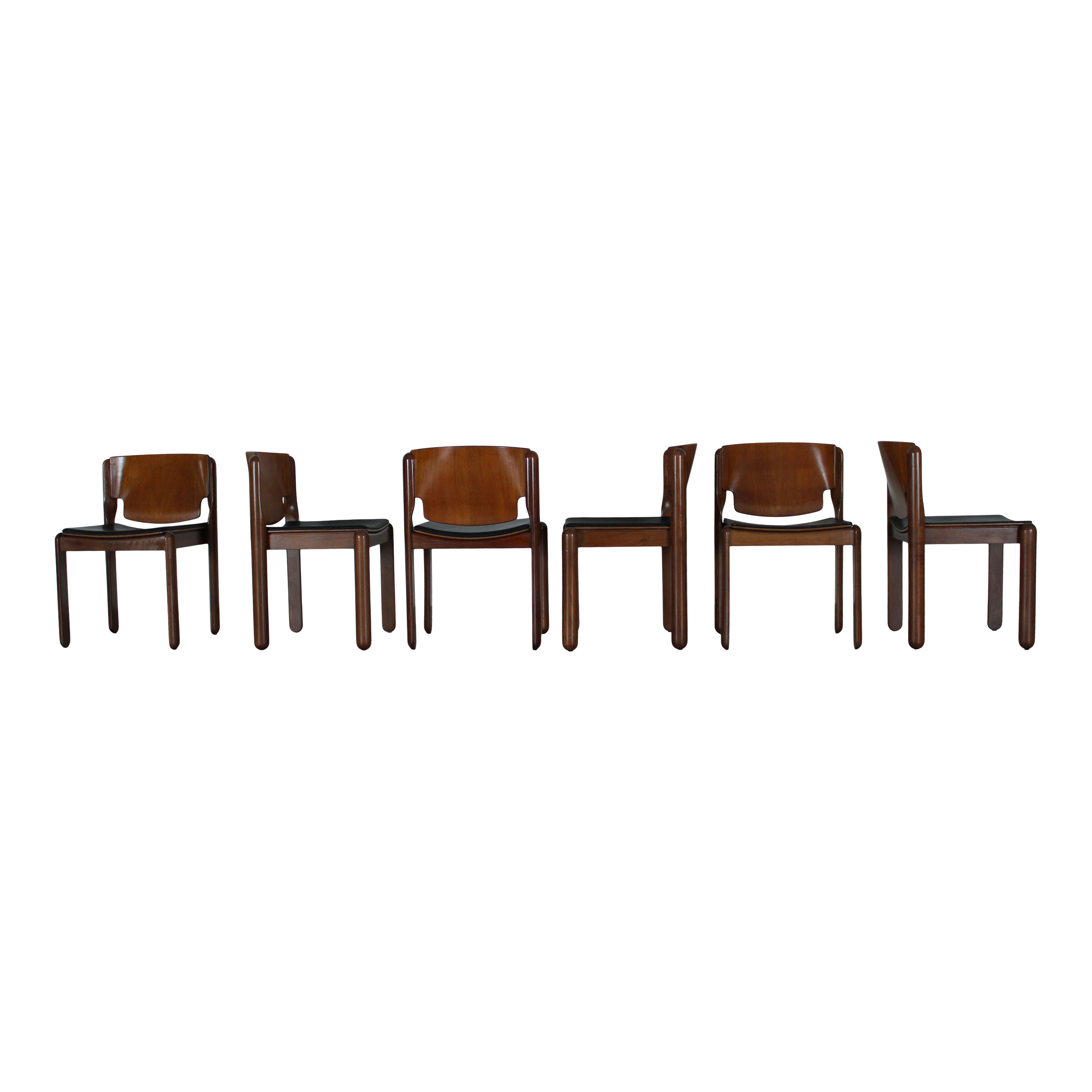 Vico Magistretti Chaise de salle à manger en cuir noir 122 pour Cassina, 1968, ensemble de 6 pièces Bon état - En vente à Vicenza, IT