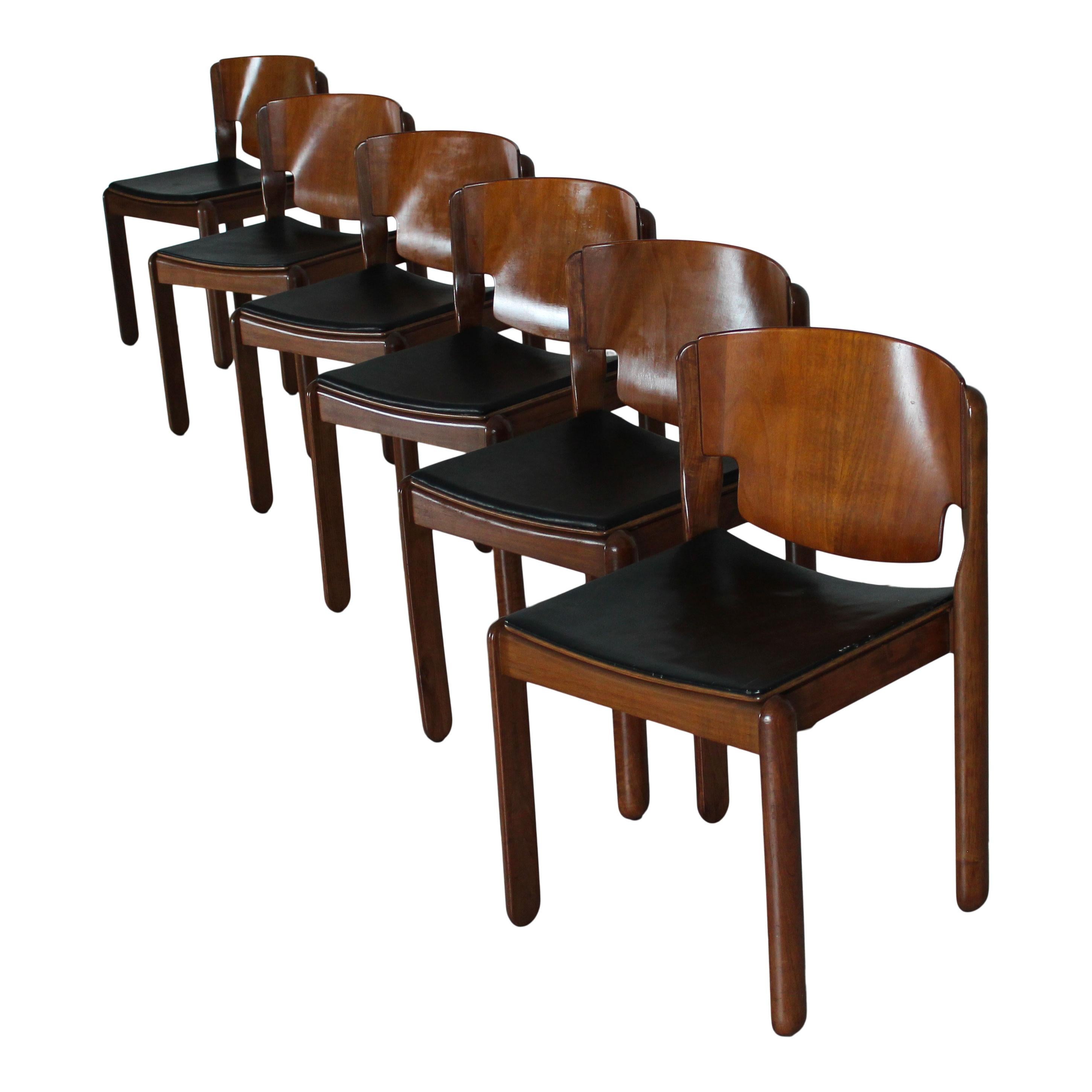 Milieu du XXe siècle Vico Magistretti Chaise de salle à manger en cuir noir 122 pour Cassina, 1968, ensemble de 6 pièces en vente