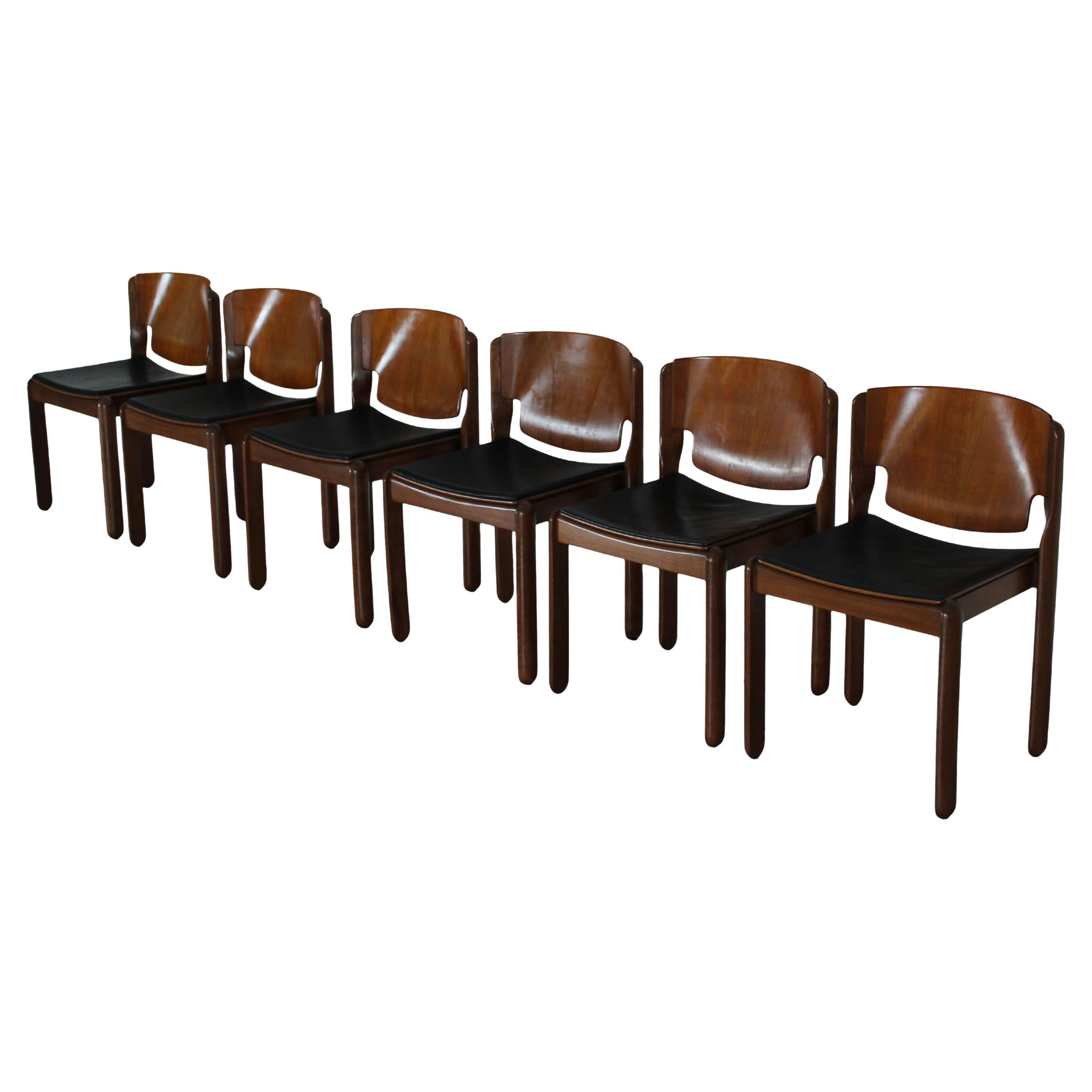 Vico Magistretti Chaise de salle à manger en cuir noir 122 pour Cassina, 1968, ensemble de 6 pièces en vente