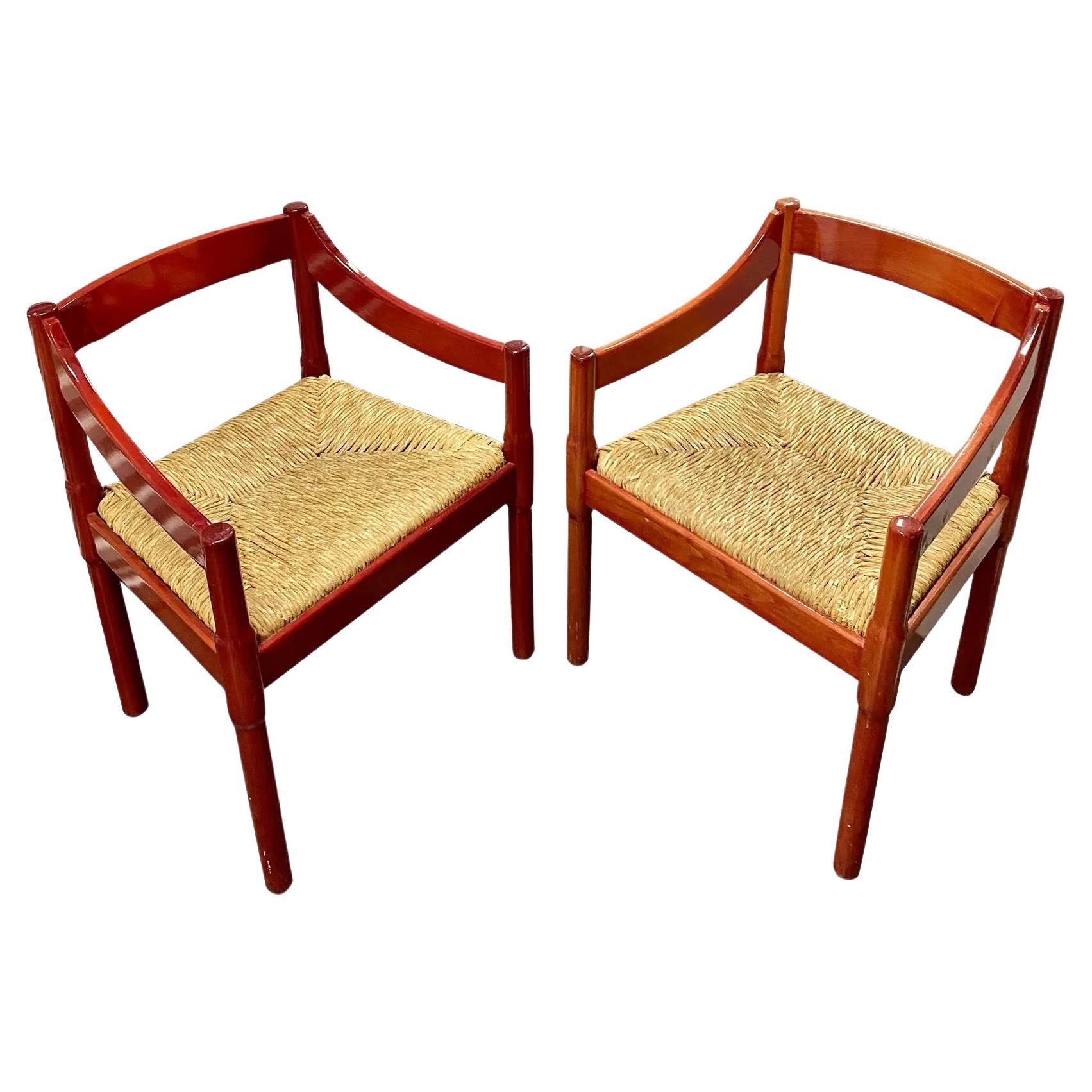 Vico Magistretti Carimate Armchairs in Red Lacquer + Rush, a Pair