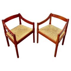 Vico Magistretti Carimate Armchairs in Red Lacquer + Rush, a Pair