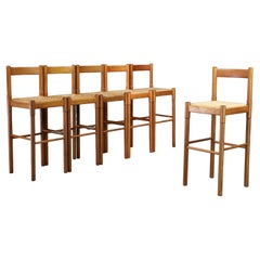 Vico Magistretti Carimate Bar Stools for Cassina, Ash Wood and Rush Seats set/6