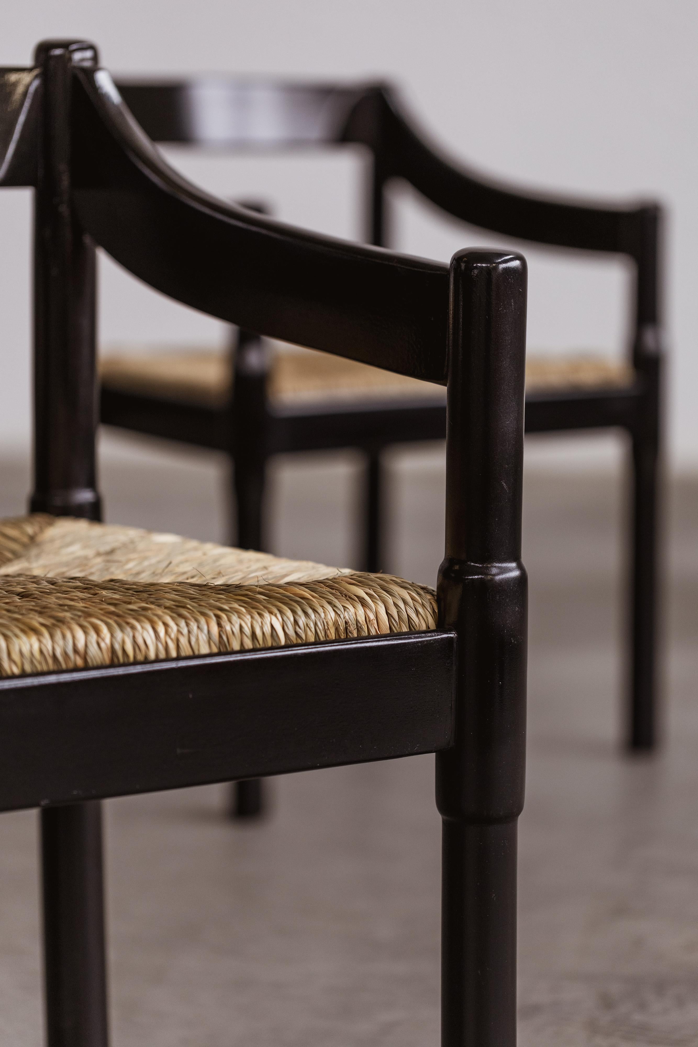 Mid-Century Modern Vico Magistretti “Carimate” Chairs for Cassina, Black Wood, 1960, set of 6 For Sale