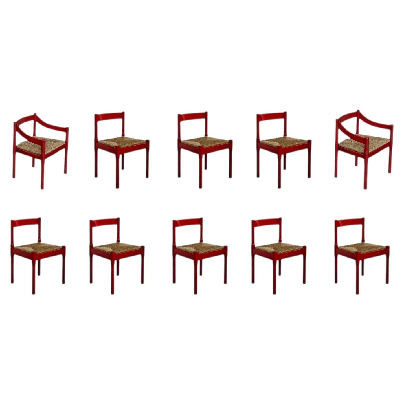 Vico Magistretti "Carimate" Chairs for Cassina, Red Lacquered, 1960, Set of 10