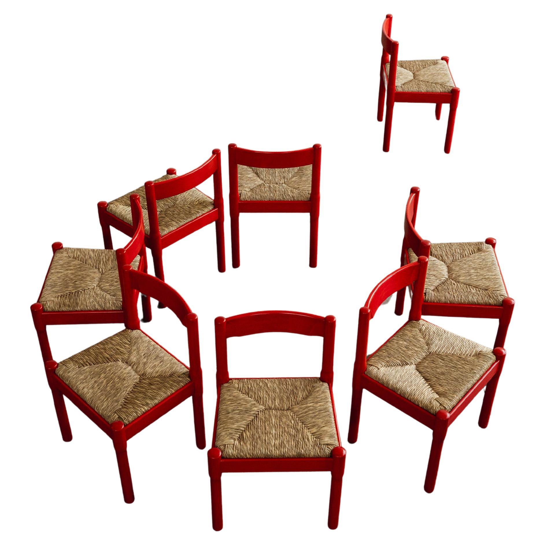 Vico Magistretti "Carimate" Chairs for Cassina, Red Lacquered, 1960, Set of 8 For Sale