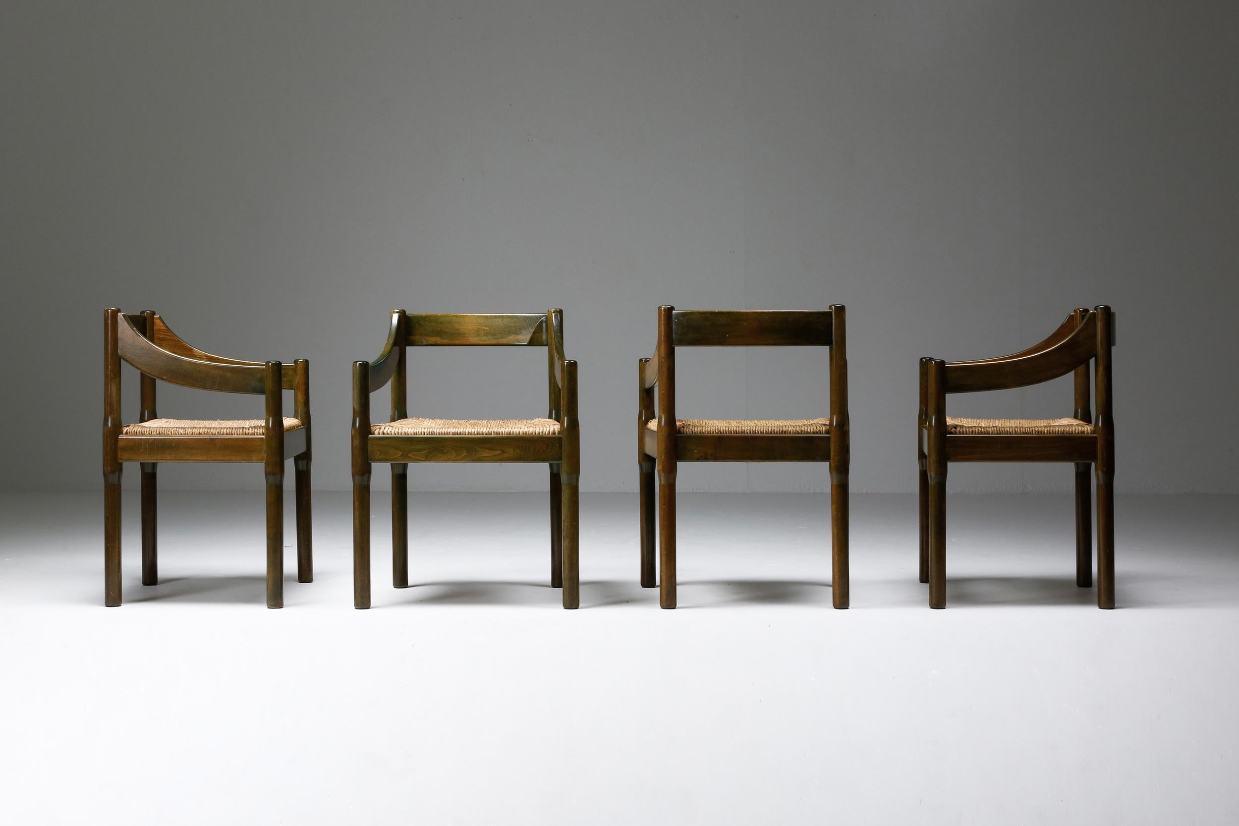 Vico Magistretti, dining chairs ‘Carimate’, lacquered beech, fabric upholstery, Italy, design, circa 1960

The ‘Carimate’ chair is one of Vico Magistretti’s most famous objects. Originally designed in red color for the ‘Carimate Golf Club’ in