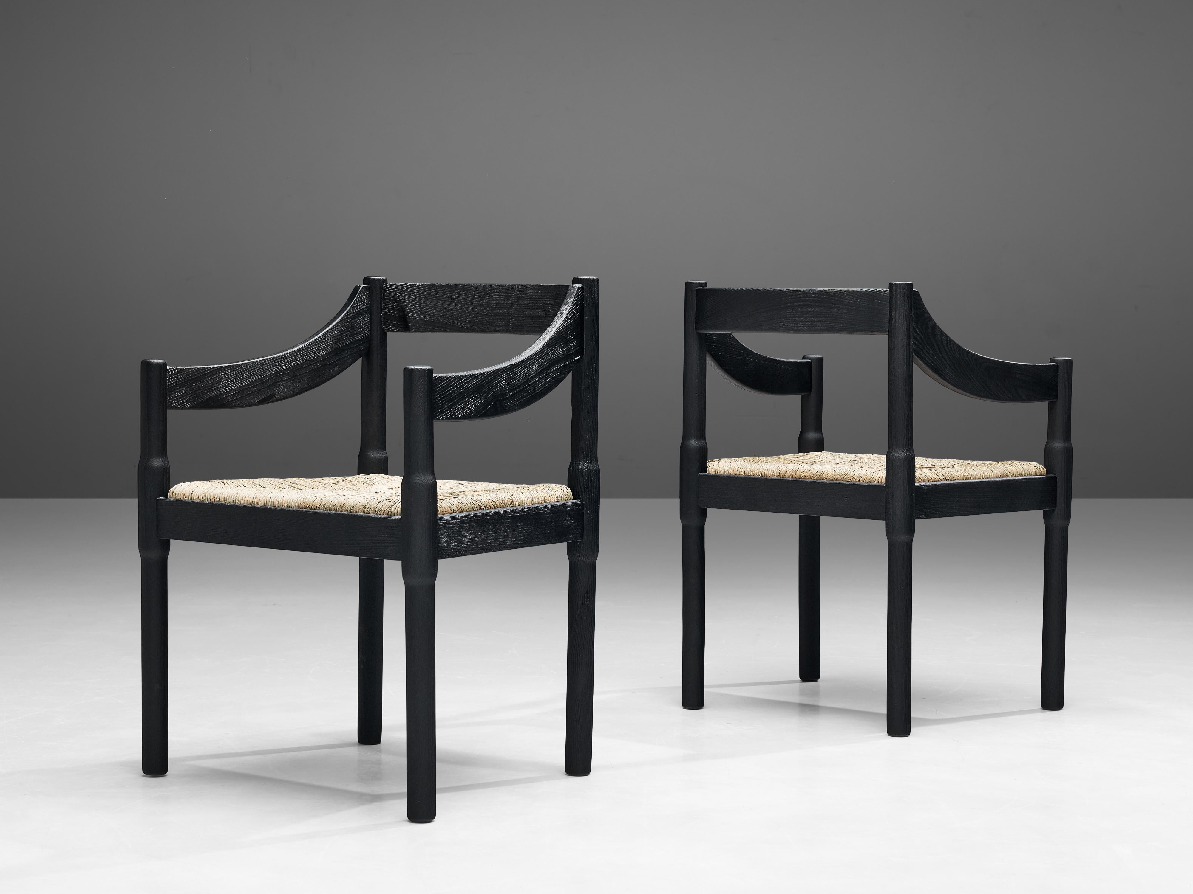 Vico Magistretti ‘Carimate’ Dining Chairs with Rush Seating In Good Condition For Sale In Waalwijk, NL