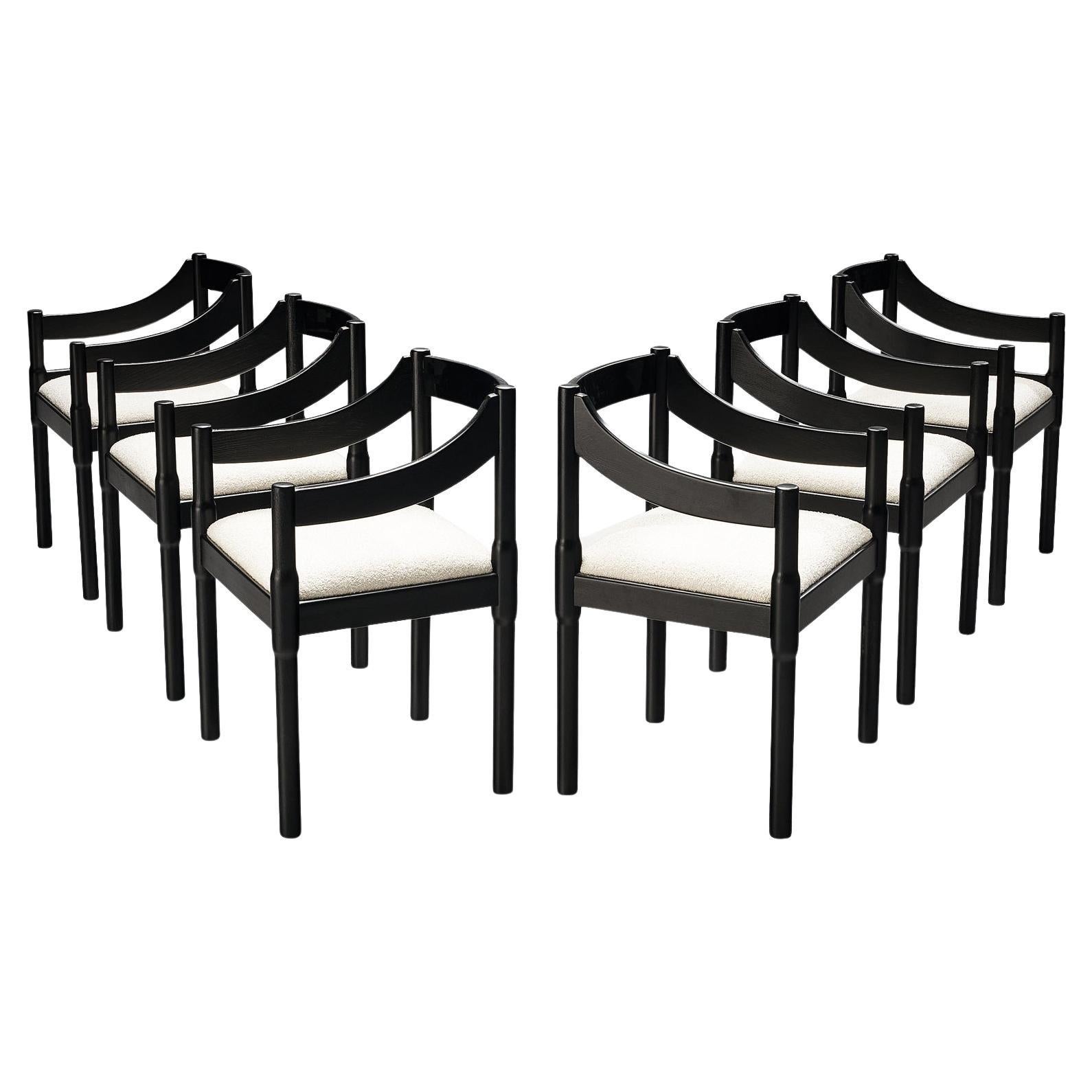 Vico Magistretti ‘Carimate’ Set of Six Dining Chairs in White Upholstery 