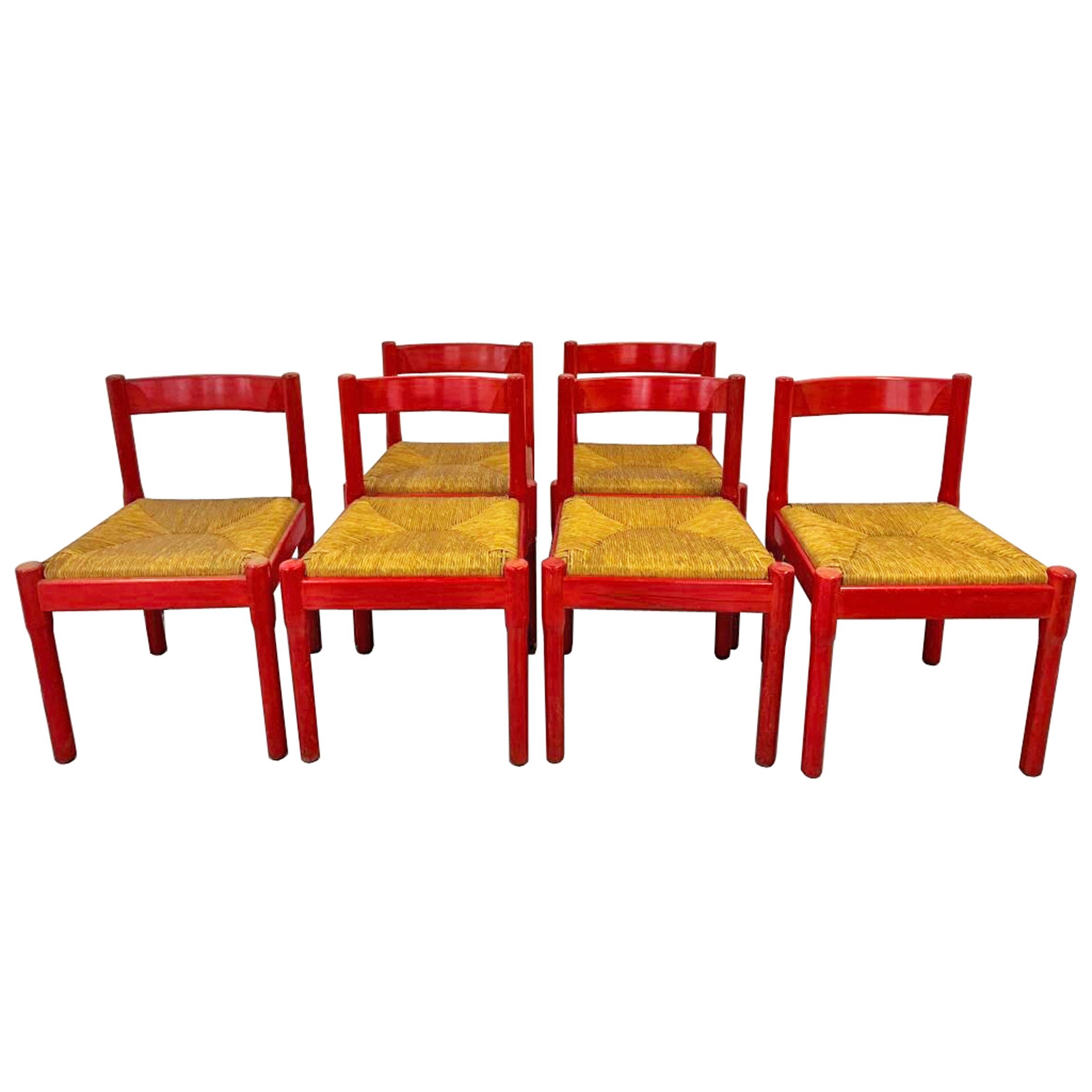 Vico Magistretti (1920-2006)

Carimate

A set of six red lacquered beech wood and straw chairs, each with four cylindrical feet and conforming back, with a square seat covered with straw.
Produced par Cassina, Italy.
Circa 1963.


Dimensions

Height