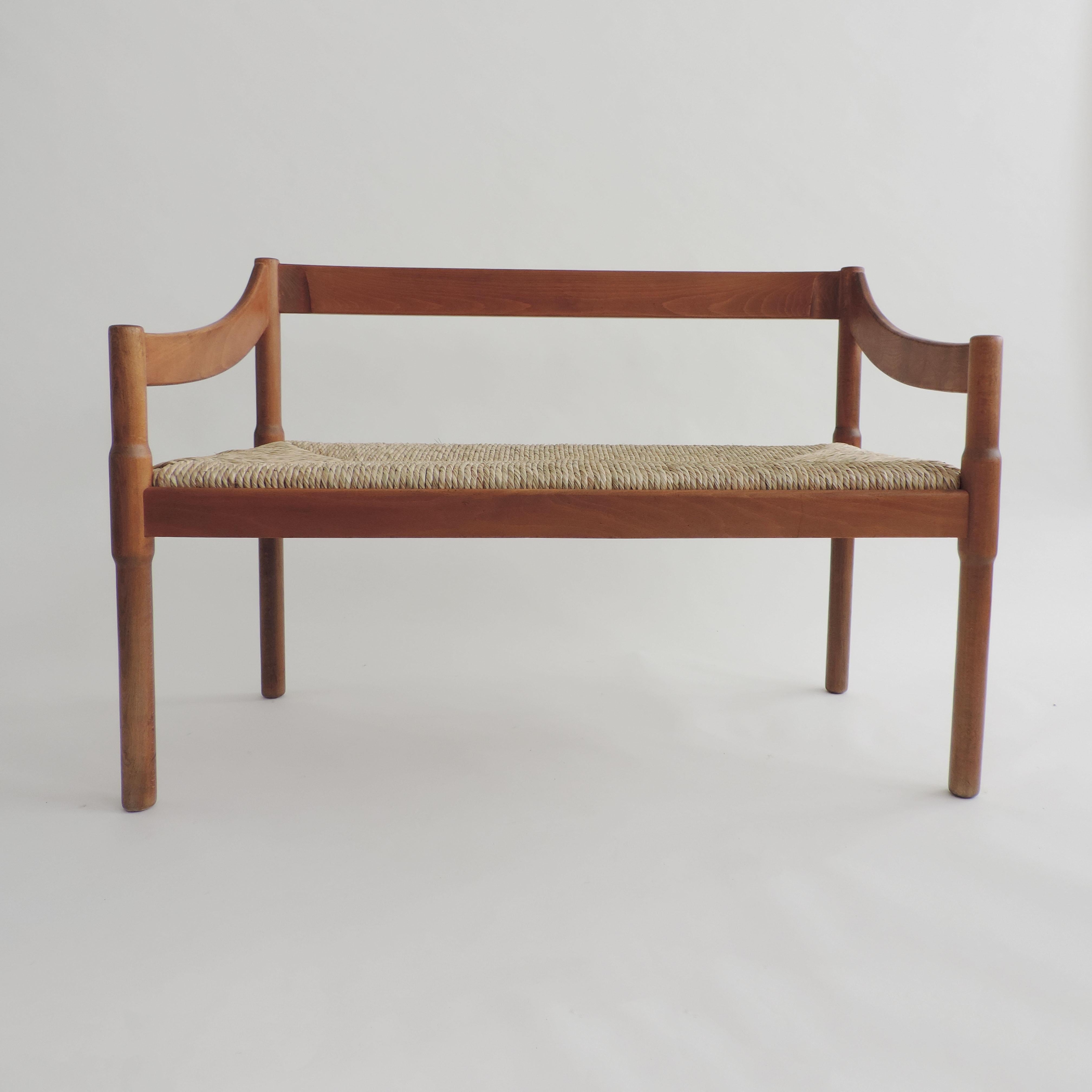 Mid-Century Modern Vico Magistretti Carimate Wood and Straw Seat Settee for Cassina, Italy 1960s