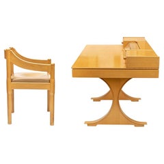Vico Magistretti Design Vintage Desk and Chair Light Maple Wood Color Italian