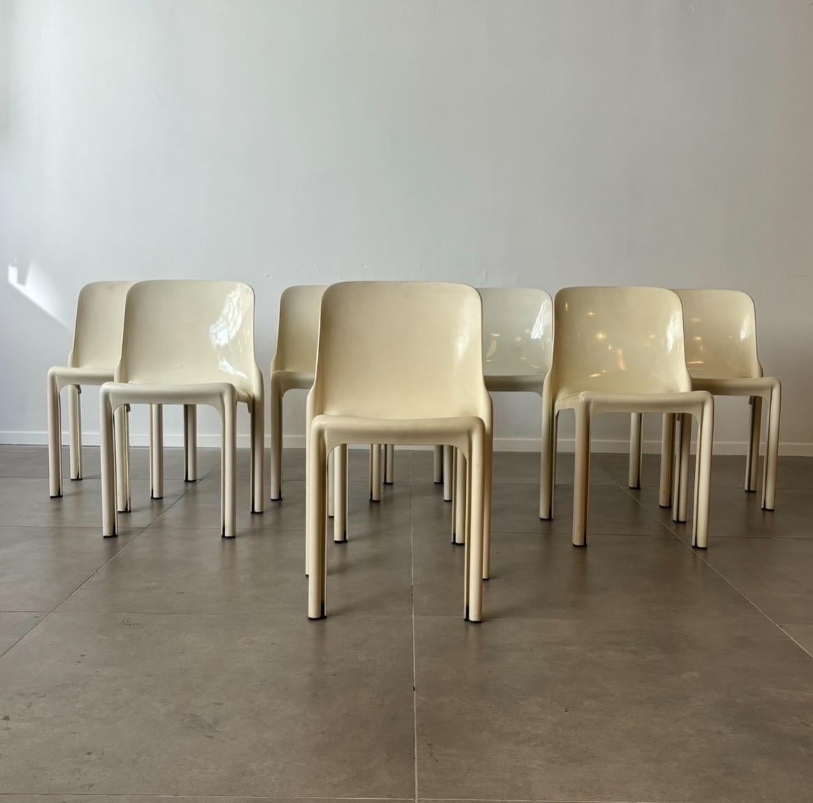 20th Century Vico Magistretti for Artemide, Set of Eight cream ‘Selene’ Chairs, 1969 Italy
