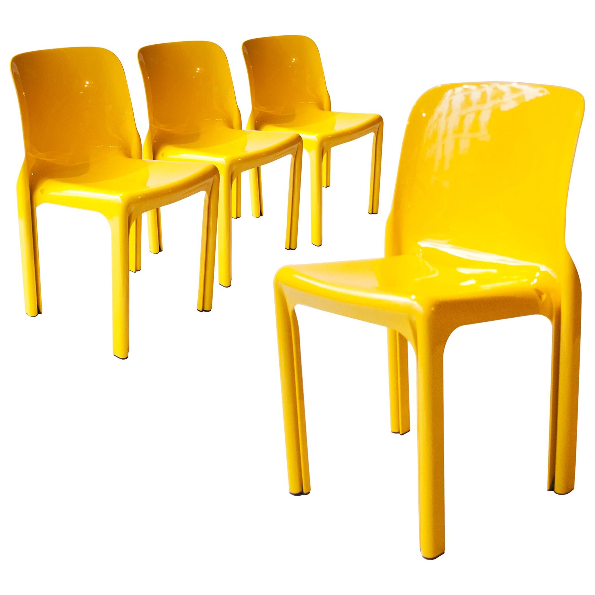 Vico Magistretti for Artemide Set of Four Yellow Selene Chairs, Italia, 1968