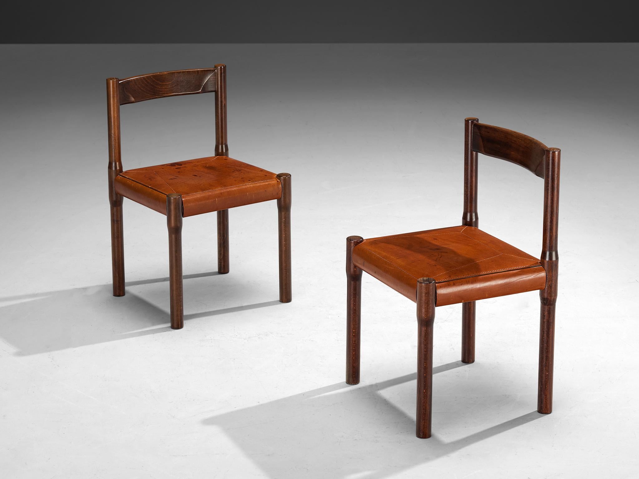 Mid-Century Modern Vico Magistretti for Cassina Carimate Dining Chairs in Leather & Dark Wood For Sale