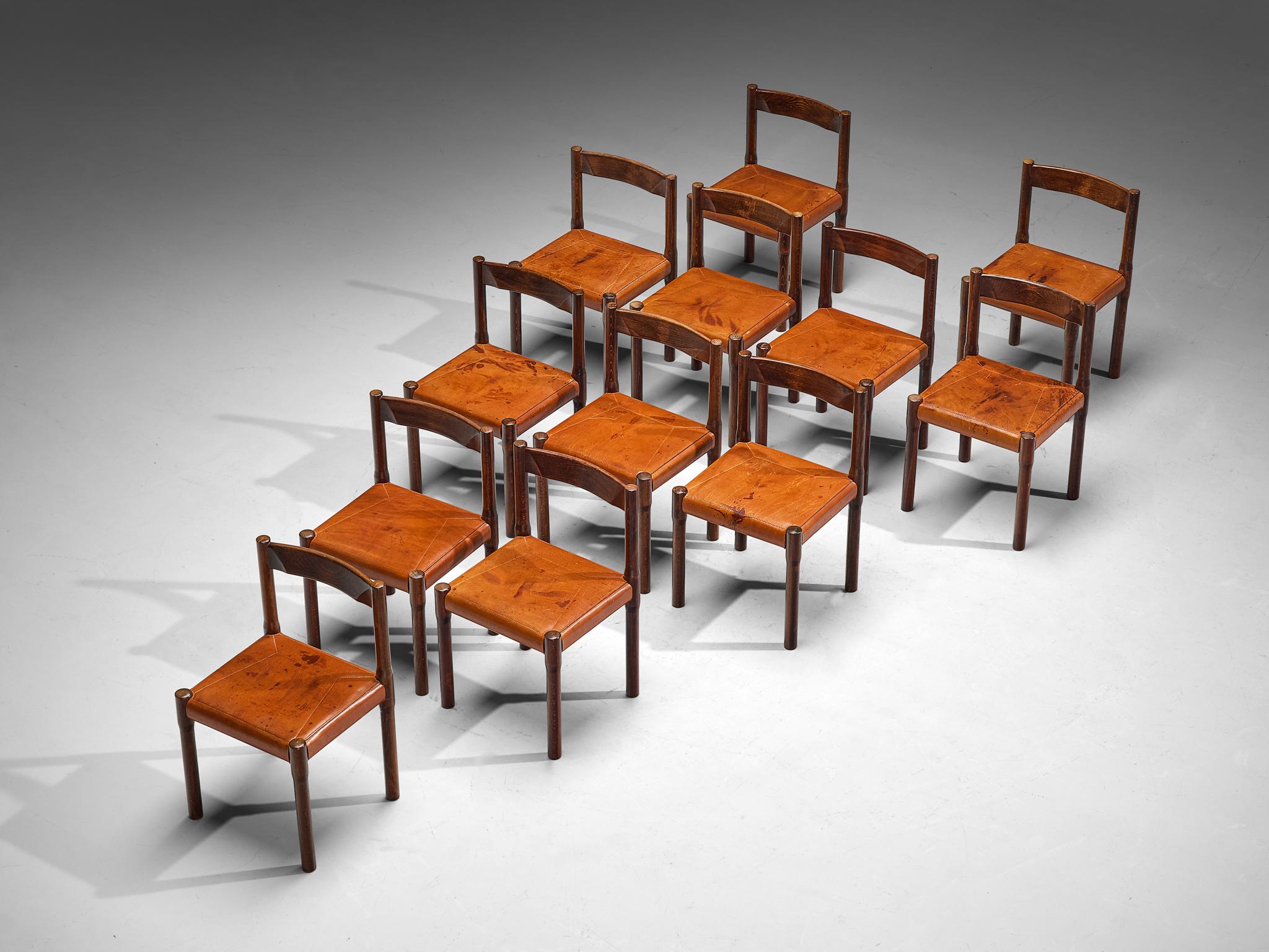 Cuir Vico Magistretti for Cassina Carimate Dining Chairs in Leather & Dark Wood en vente