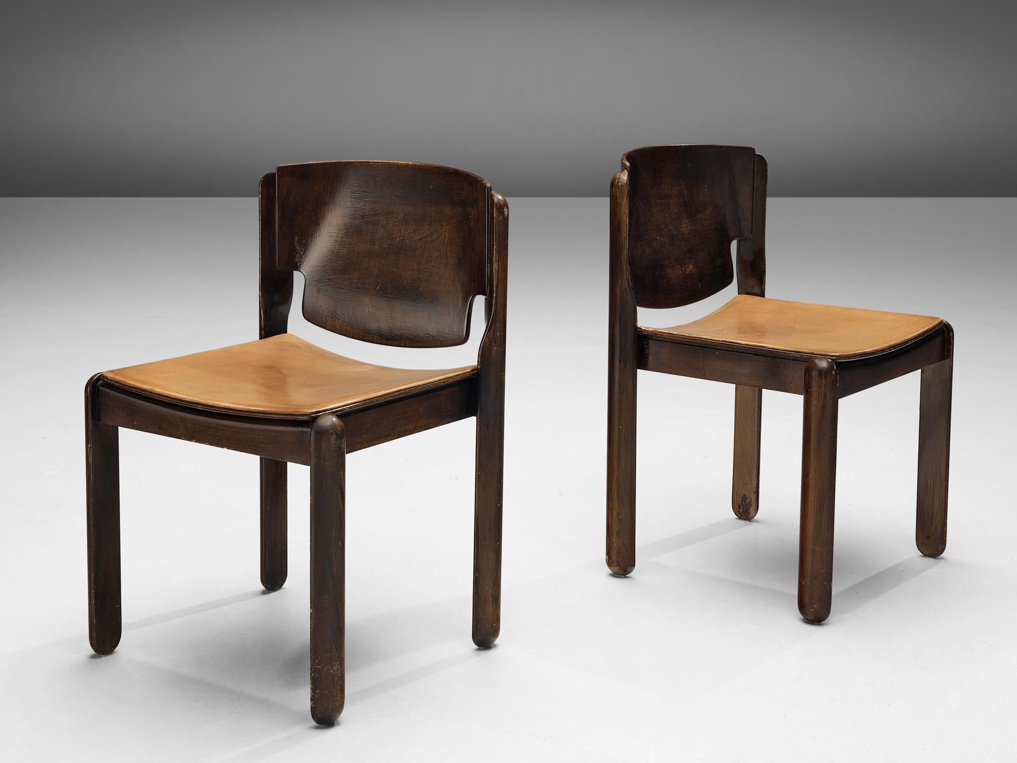 Italian Vico Magistretti for Cassina Chairs with Cognac Leather