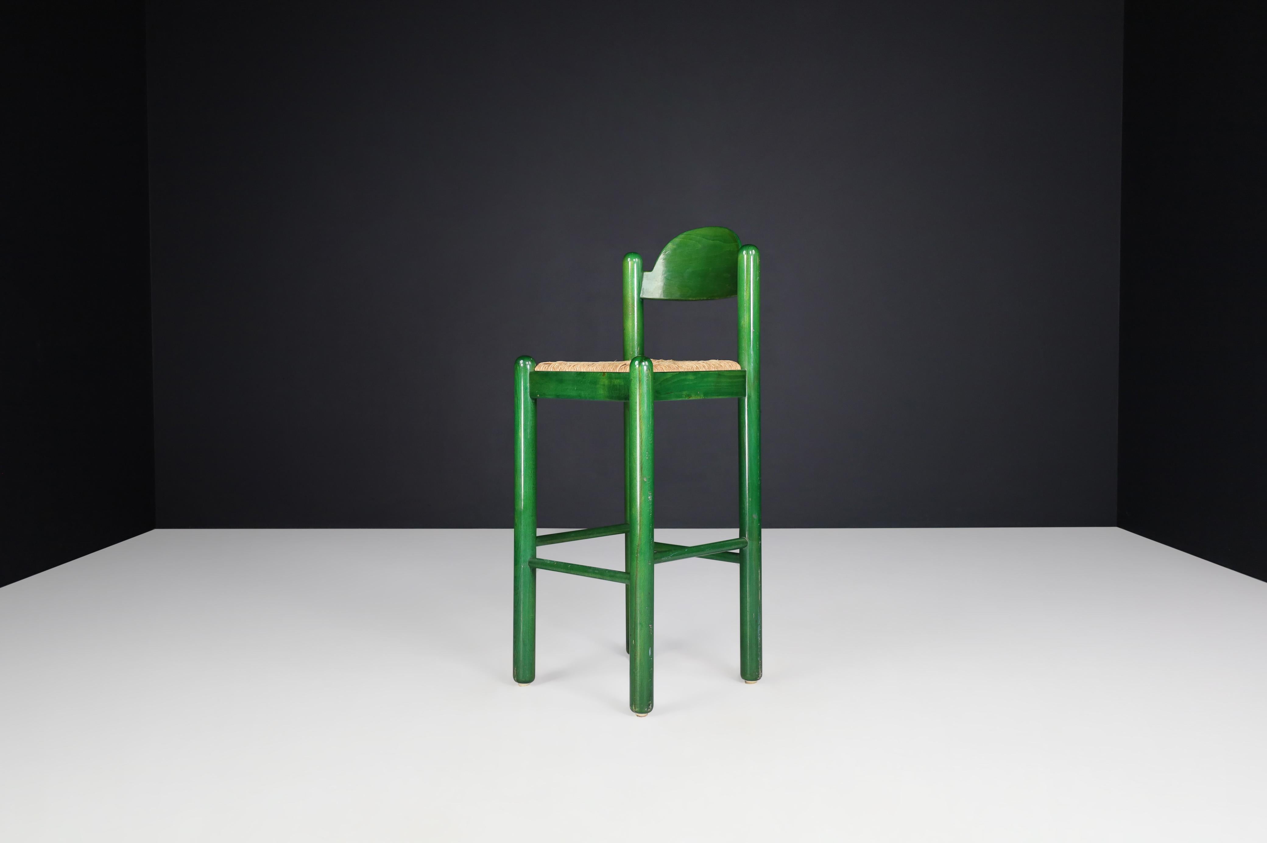 Mid-Century Modern Vico Magistretti for Cassina Green Bar Stools with Seagrass Seats, Italy 1960s