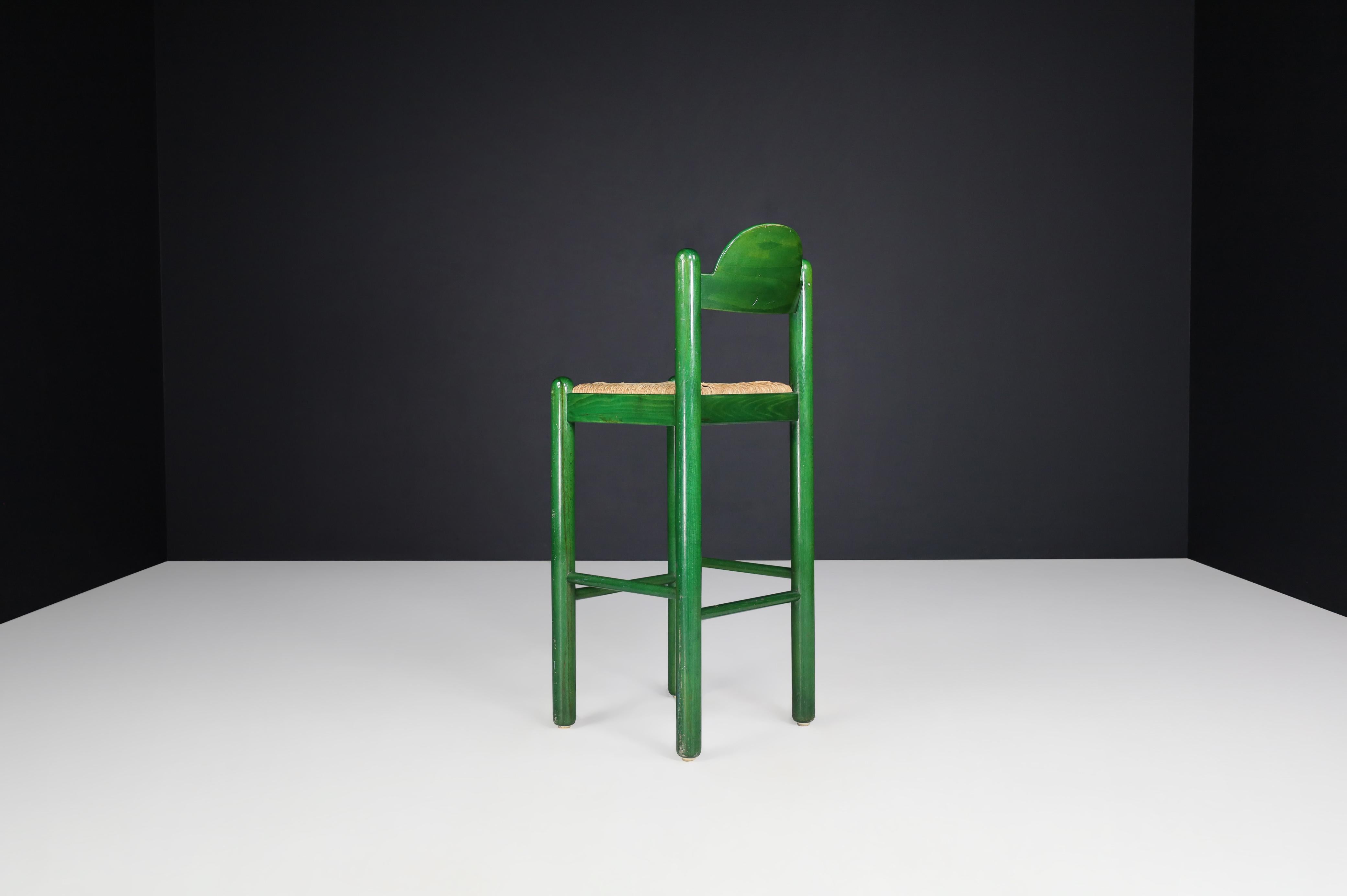 Italian Vico Magistretti for Cassina Green Bar Stools with Seagrass Seats, Italy 1960s