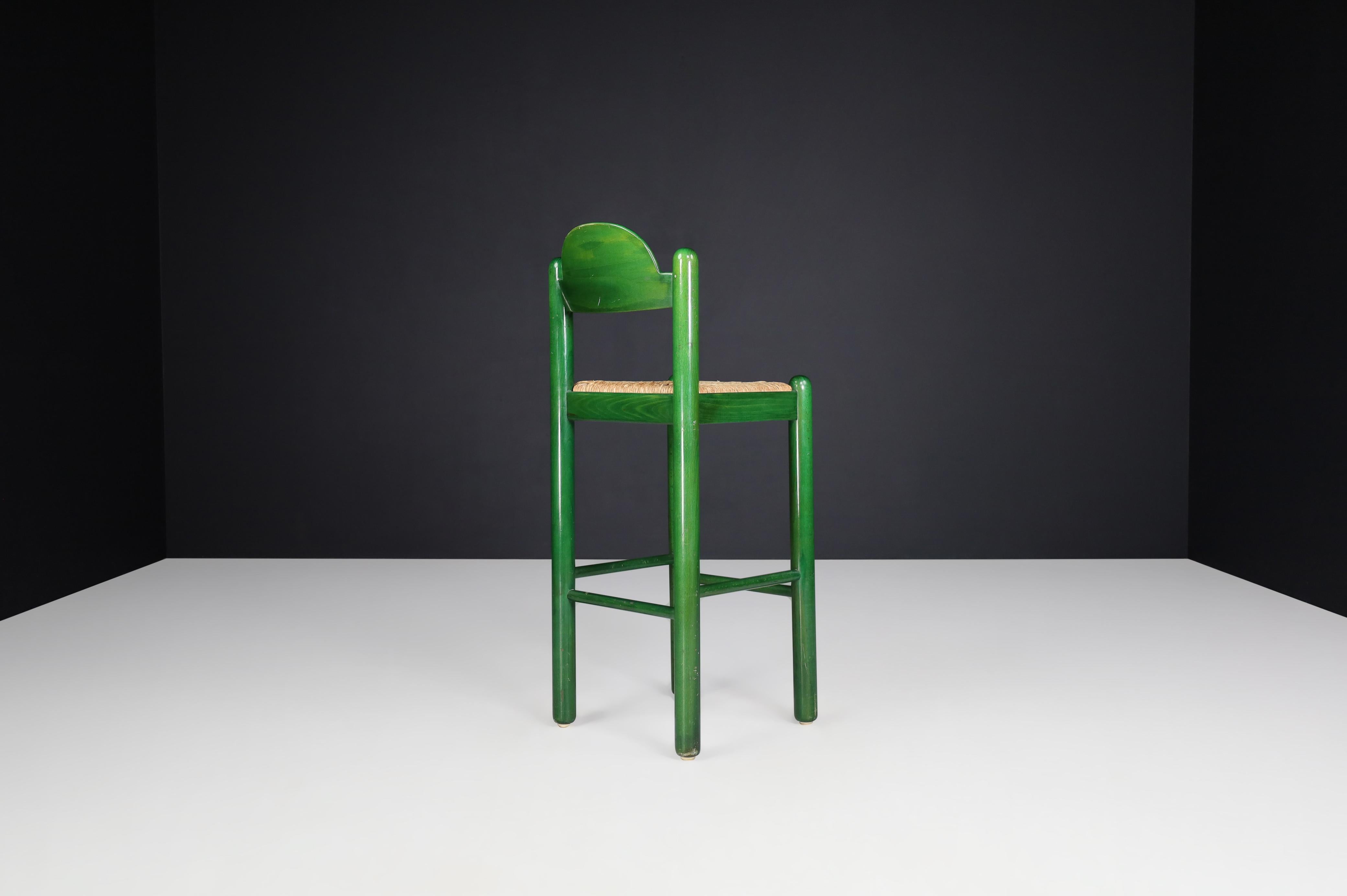 Vico Magistretti for Cassina Green Bar Stools with Seagrass Seats, Italy 1960s In Good Condition In Almelo, NL