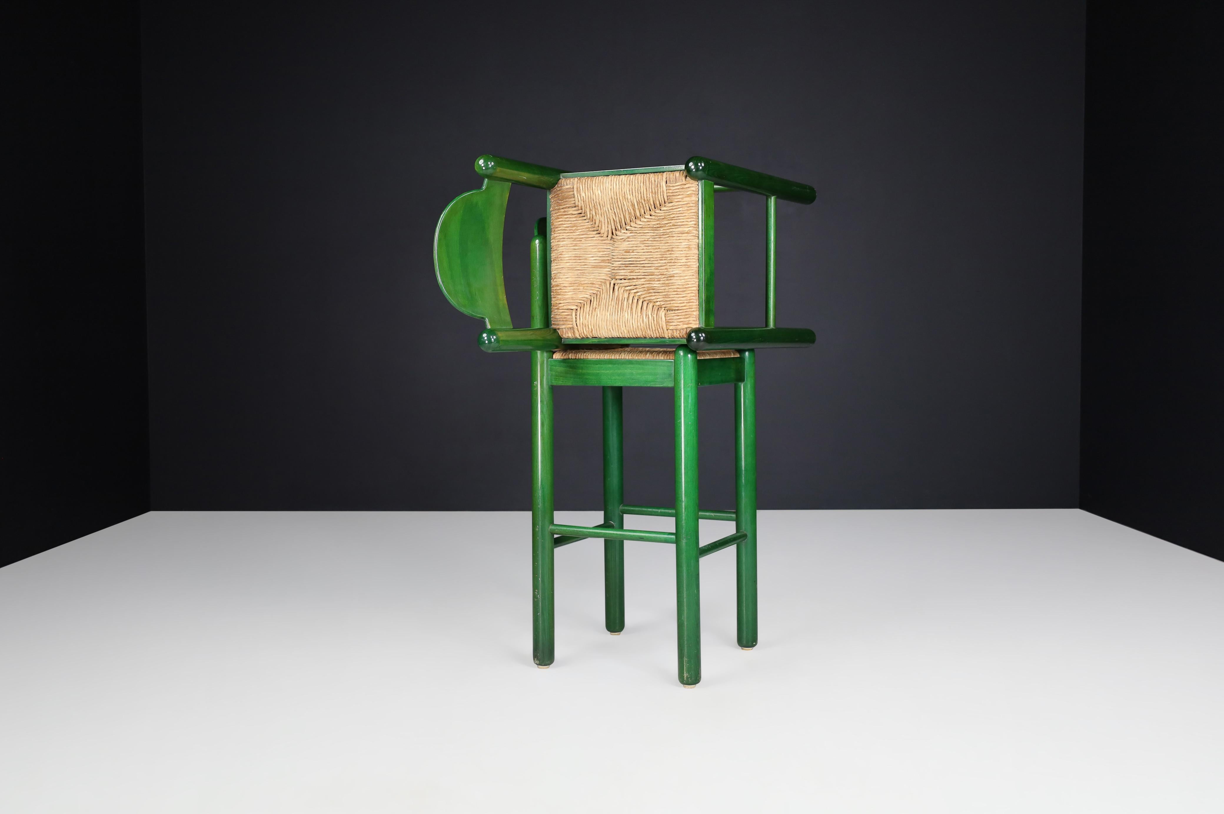 20th Century Vico Magistretti for Cassina Green Bar Stools with Seagrass Seats, Italy 1960s