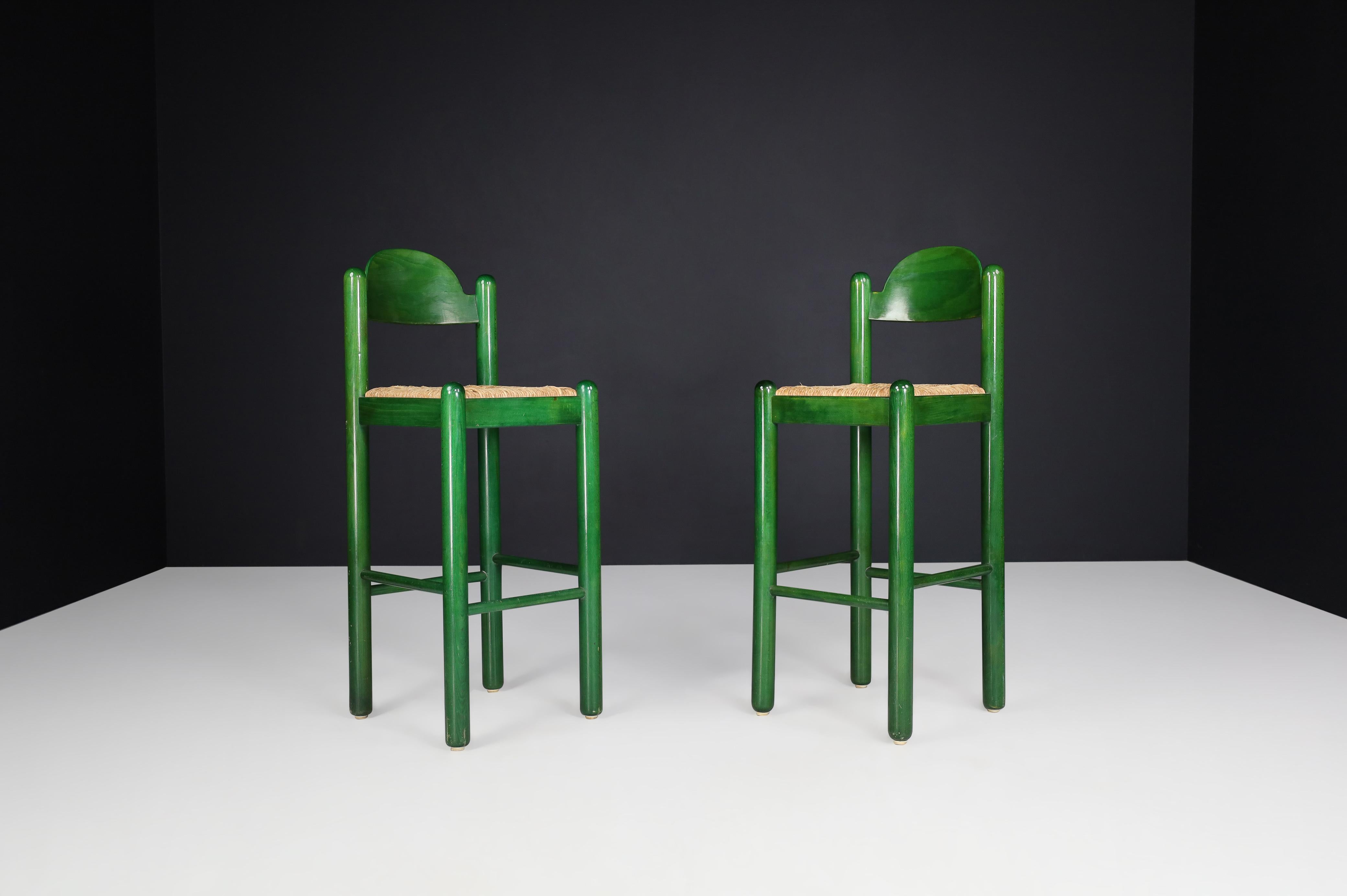 Vico Magistretti for Cassina Green Bar Stools with Seagrass Seats, Italy 1960s 1