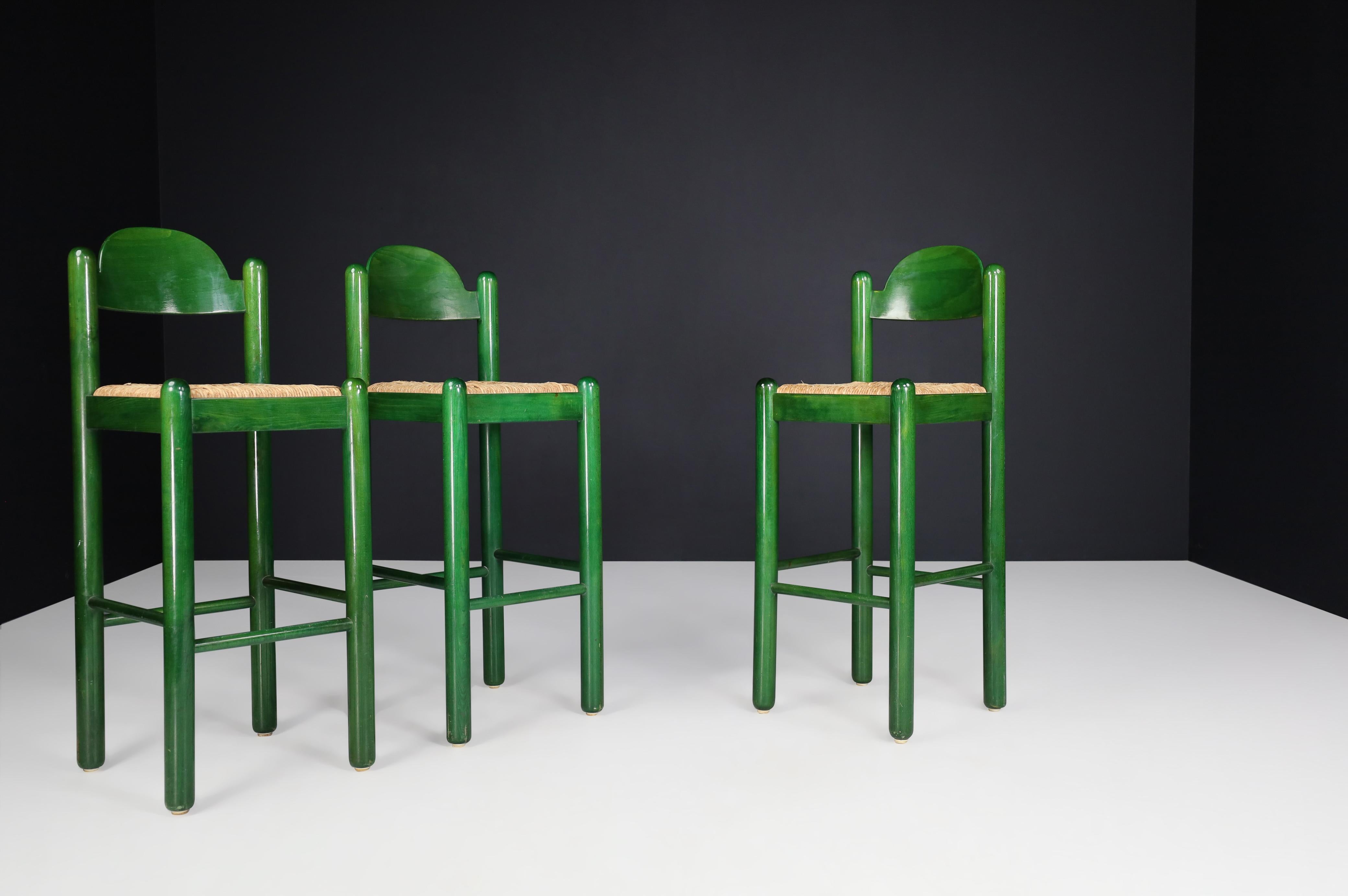 Vico Magistretti for Cassina Green Bar Stools with Seagrass Seats, Italy 1960s 2