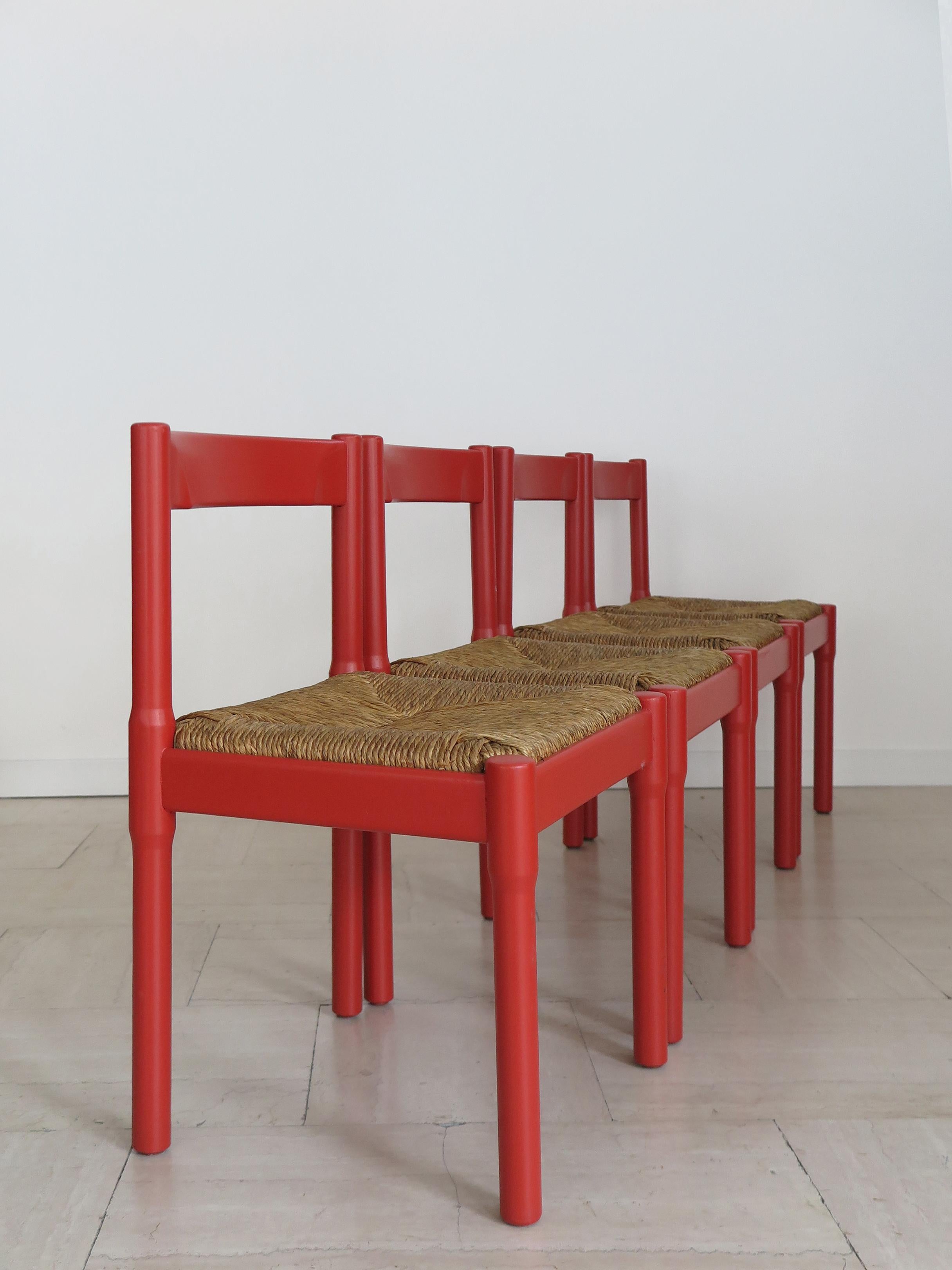 Vico Magistretti For Cassina Italian Six Red Dining Chairs Carimate Serie, 1960s For Sale 6