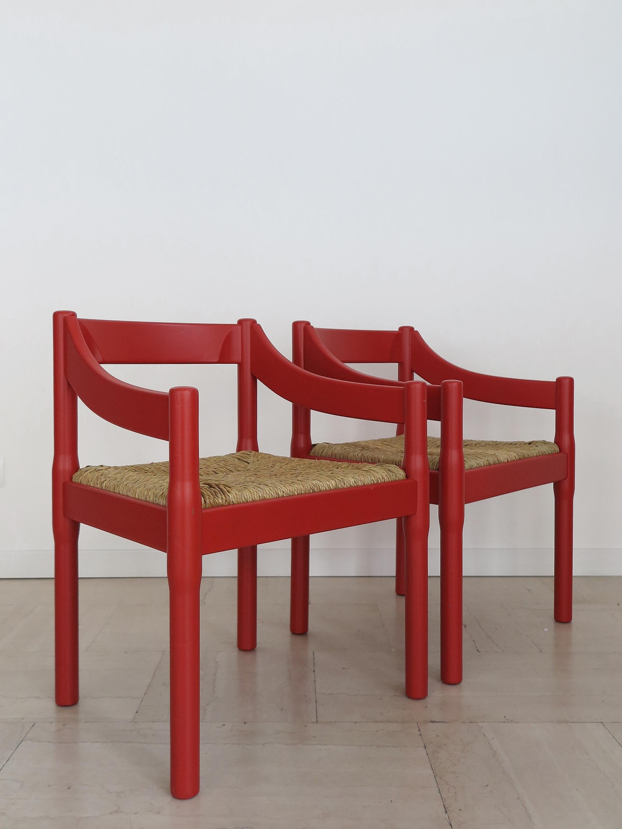 Mid-Century Modern Vico Magistretti For Cassina Italian Six Red Dining Chairs Carimate Serie, 1960s For Sale