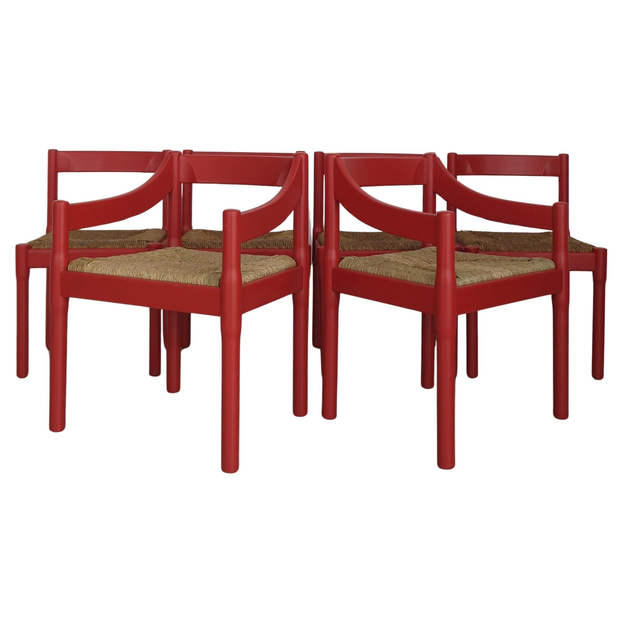 Vico Magistretti For Cassina Italian Six Red Dining Chairs Carimate Serie, 1960s