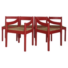 Vico Magistretti For Cassina Italian Six Red Dining Chairs Carimate Serie, 1960s