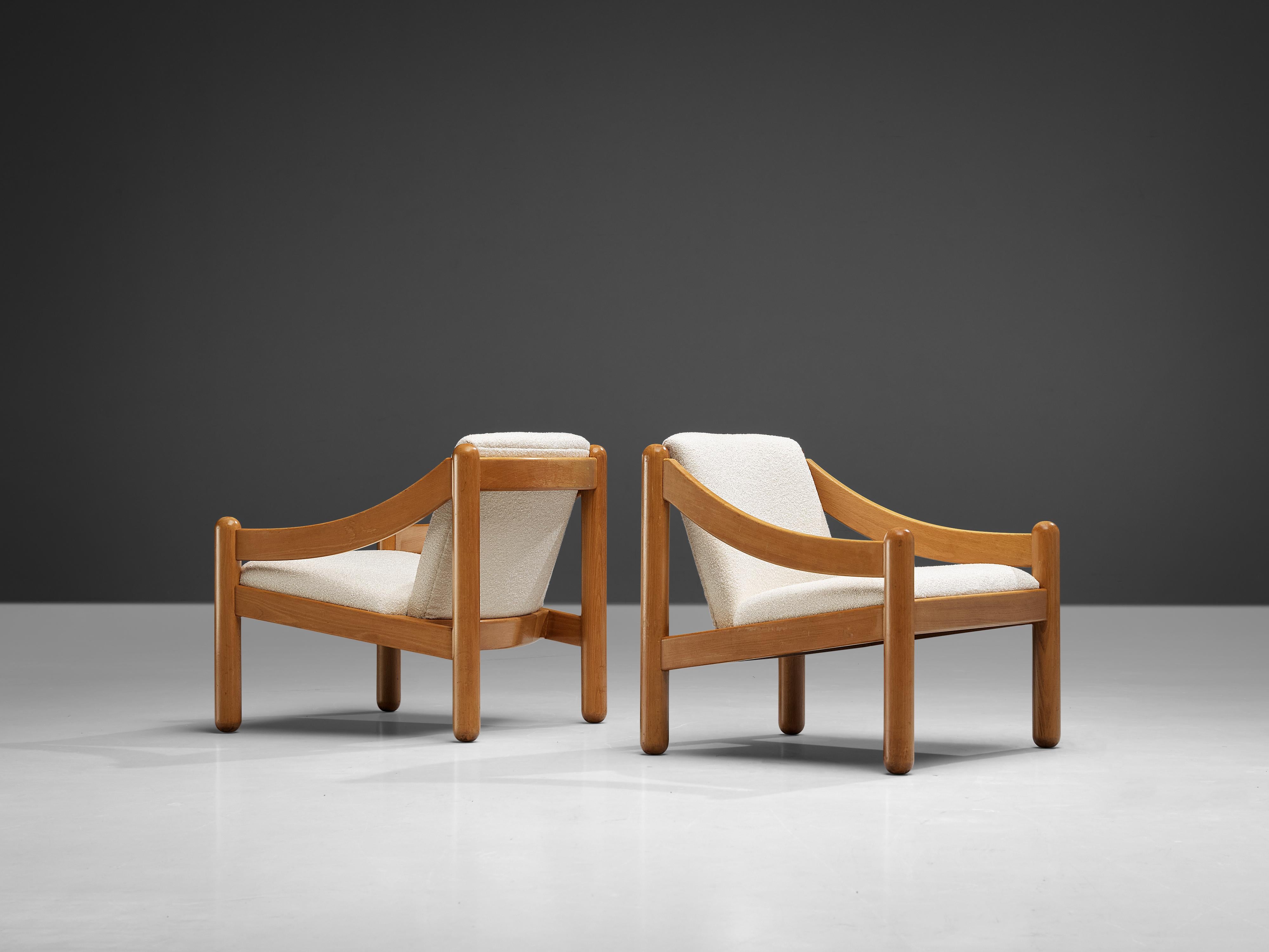 Wood Vico Magistretti for Cassina Pair of ‘Carimate’ Lounge Chairs in Bouclé For Sale