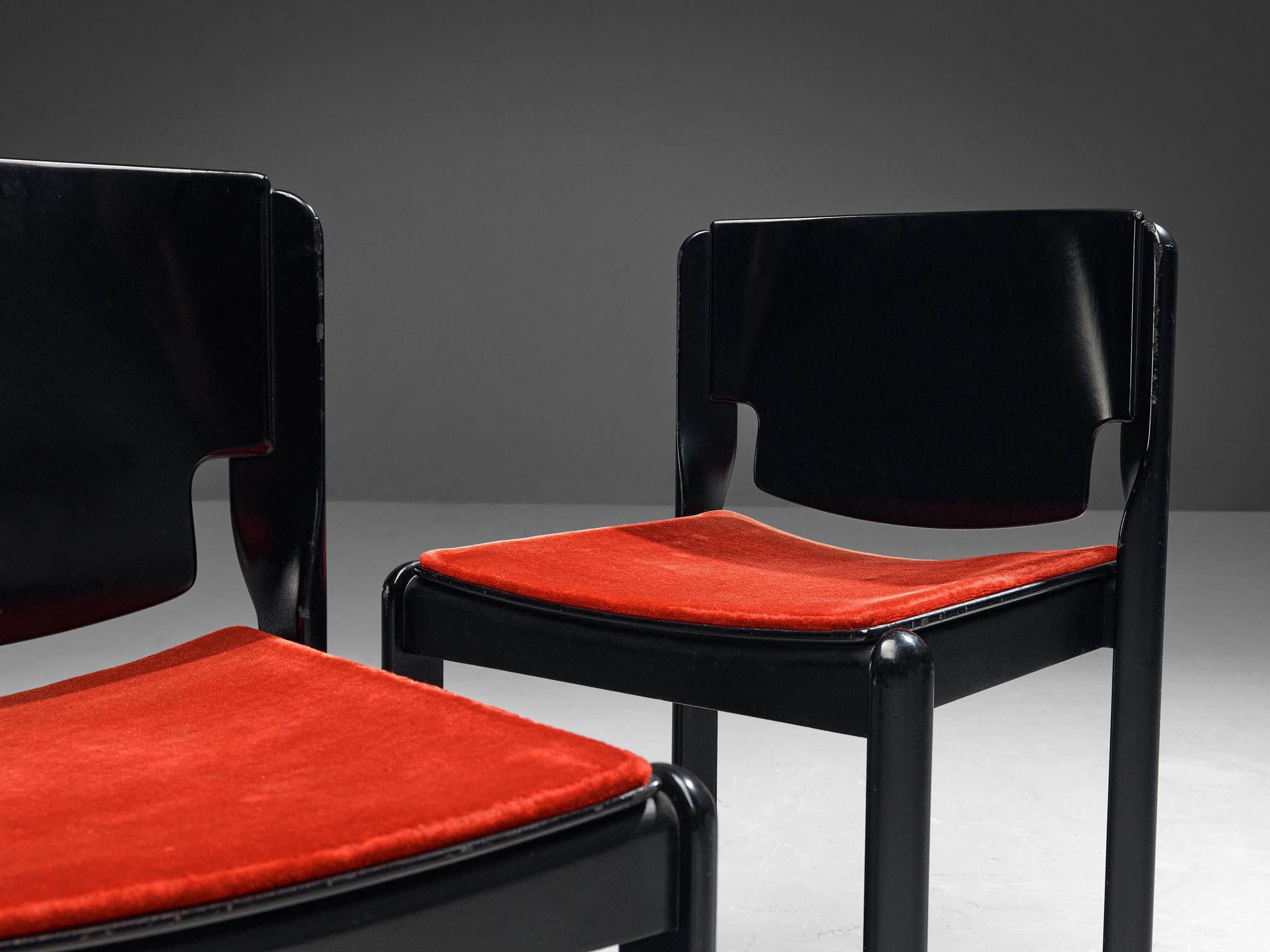 Lacquered Vico Magistretti for Cassina Pair of Chairs in Red Velvet