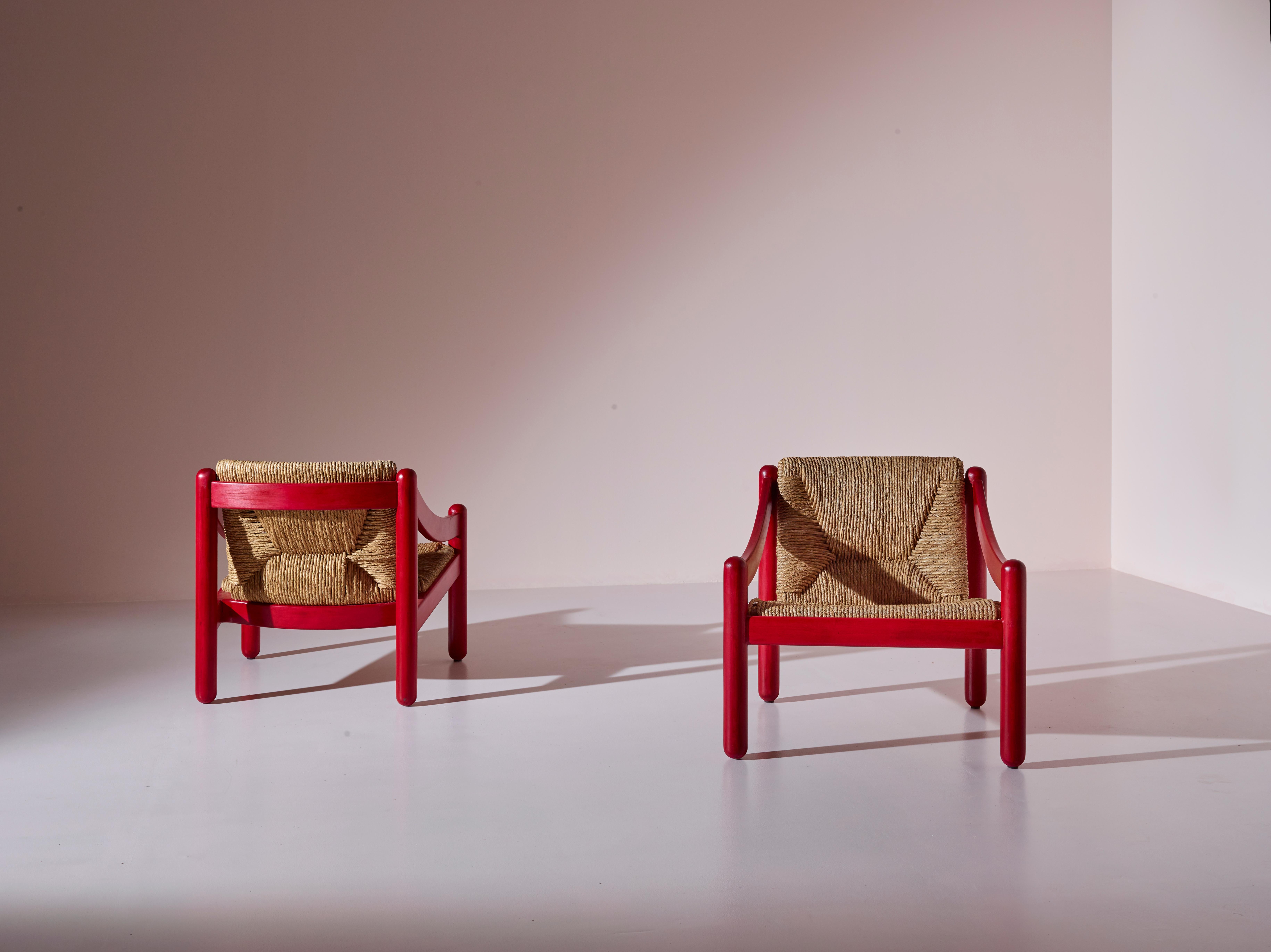 Giunco Vico Magistretti per Cassina Coppia di poltrone in giunco e faggio Carimate Italia, 1963 in vendita