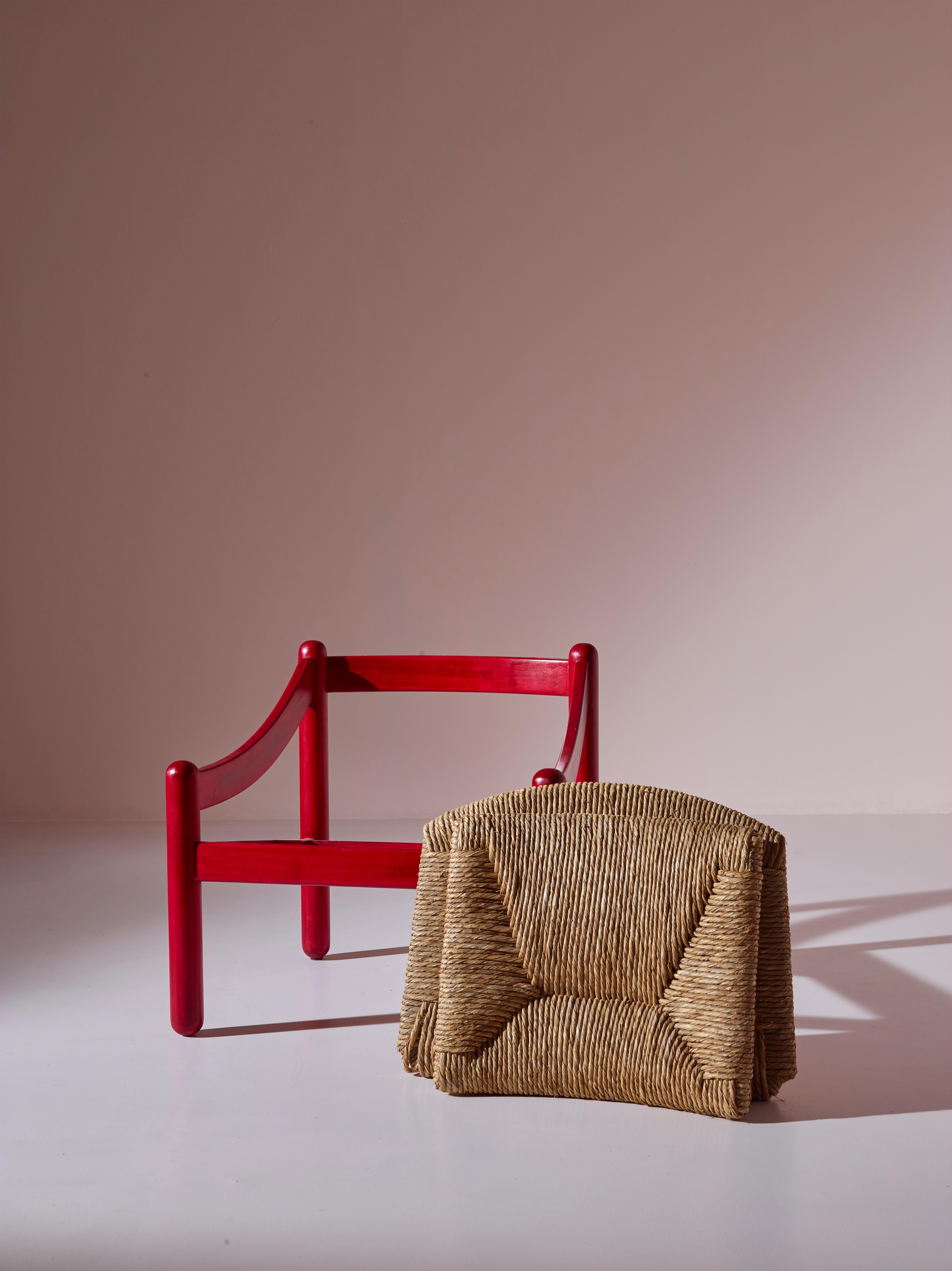 Caning Vico Magistretti for Cassina Pair of Rush & Beech Carimate Armchairs Italy, 1963