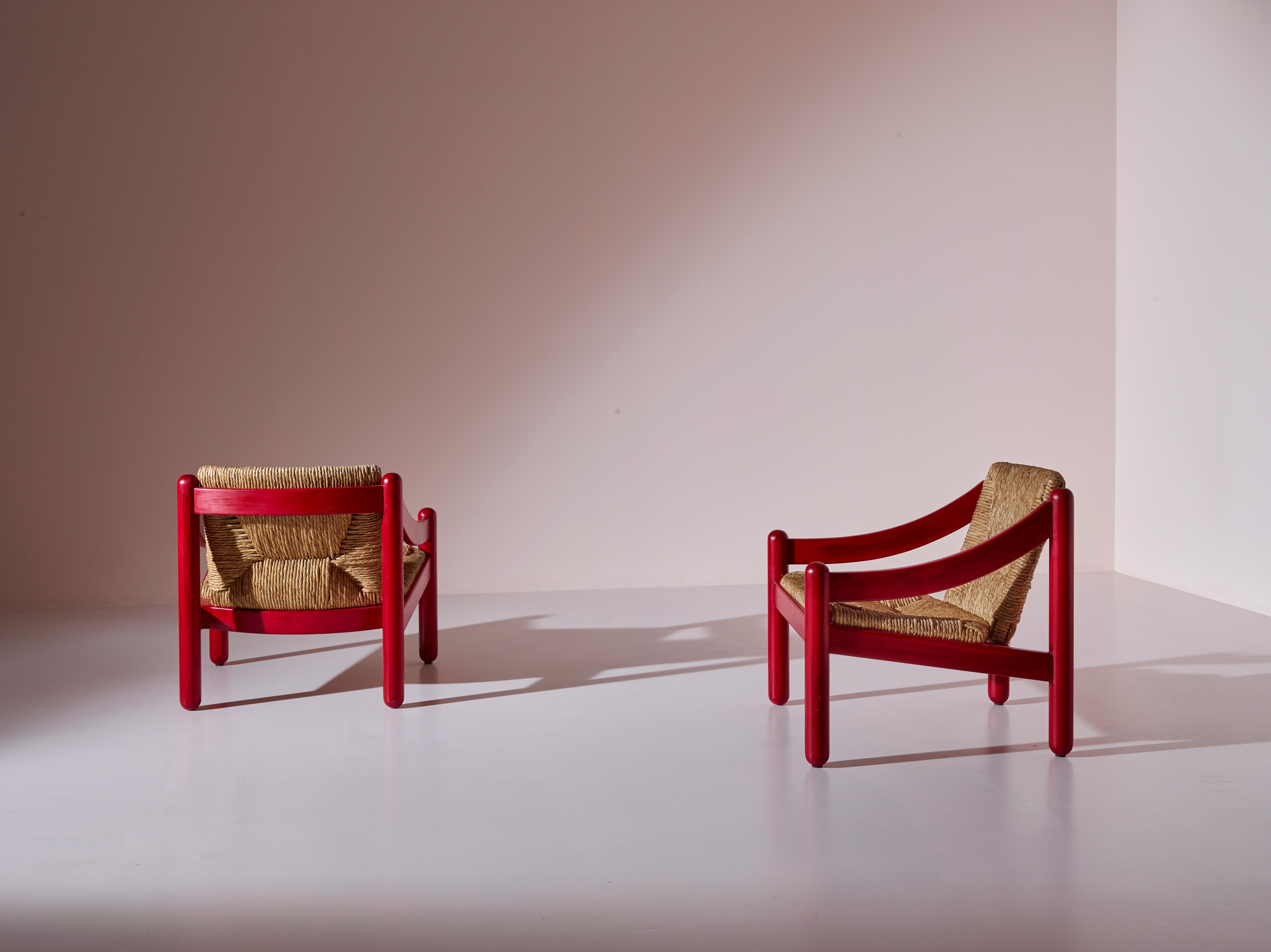Mid-20th Century Vico Magistretti for Cassina Pair of Rush & Beech Carimate Armchairs Italy, 1963 For Sale
