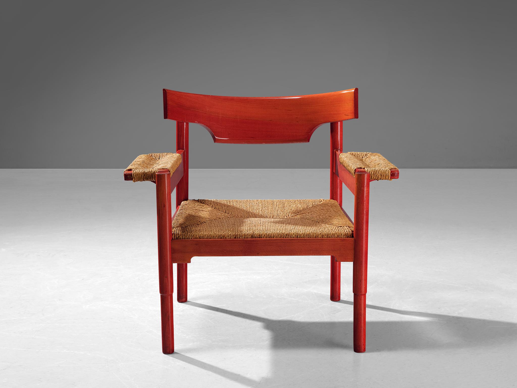 Italian Vico Magistretti for Cassina Rare 'Carimate' Armchair in Red Stained Wood 
